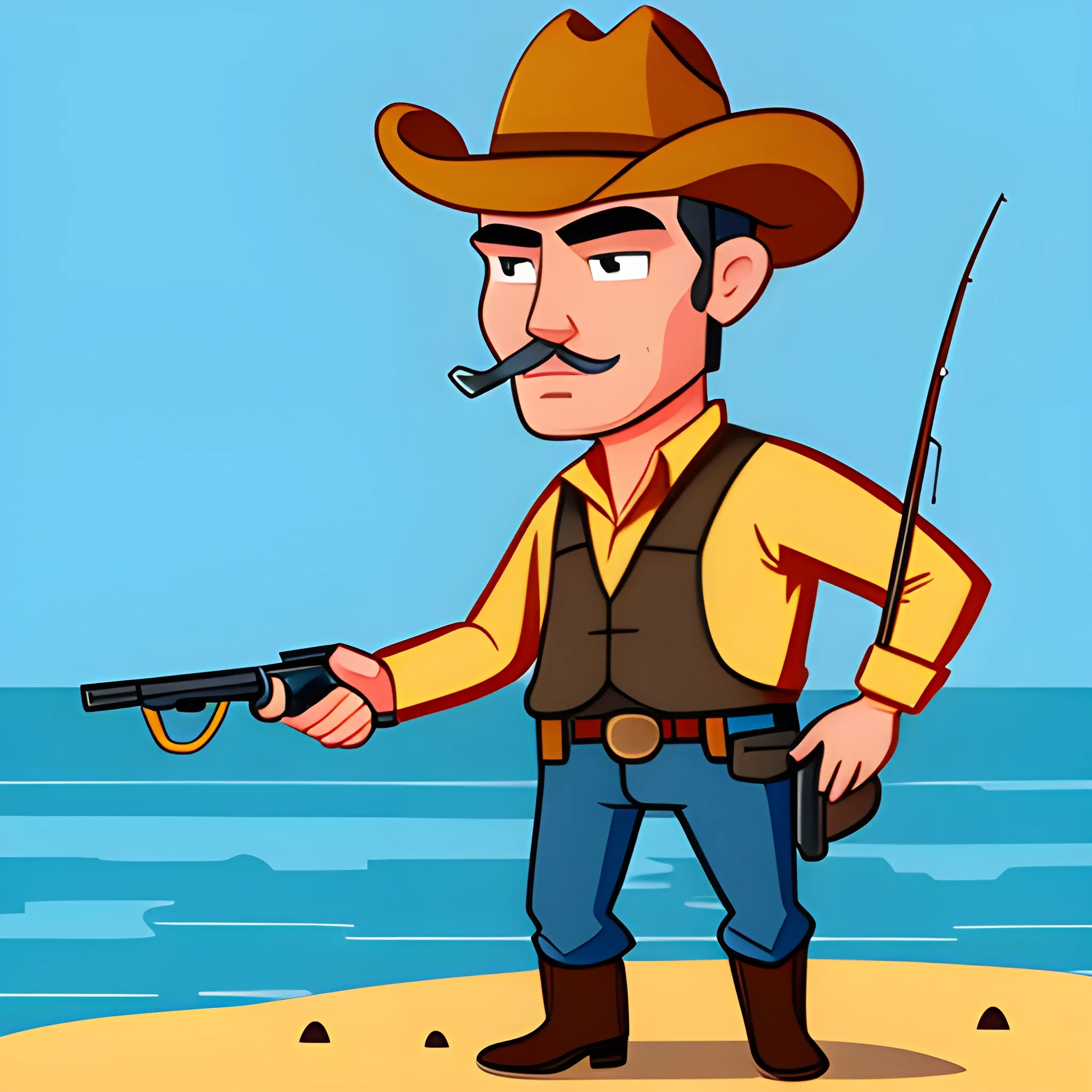 Handsome cowboy fishing with gun in hand, Cartoon