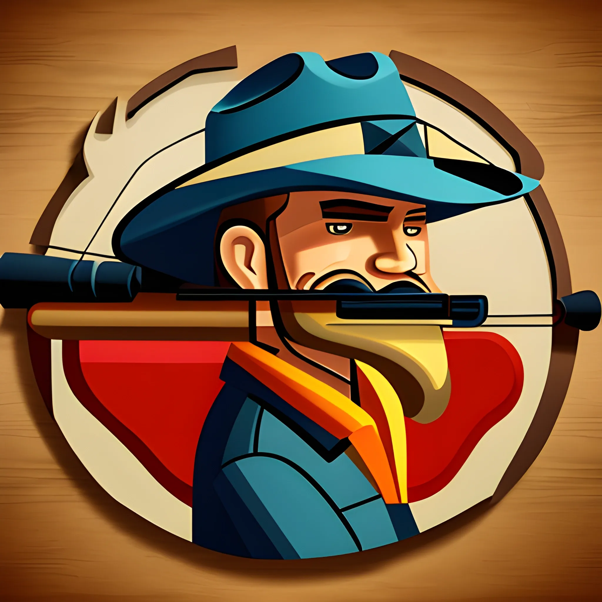 logo of a fishing cowboy hat with a gun, Cartoon, 3D