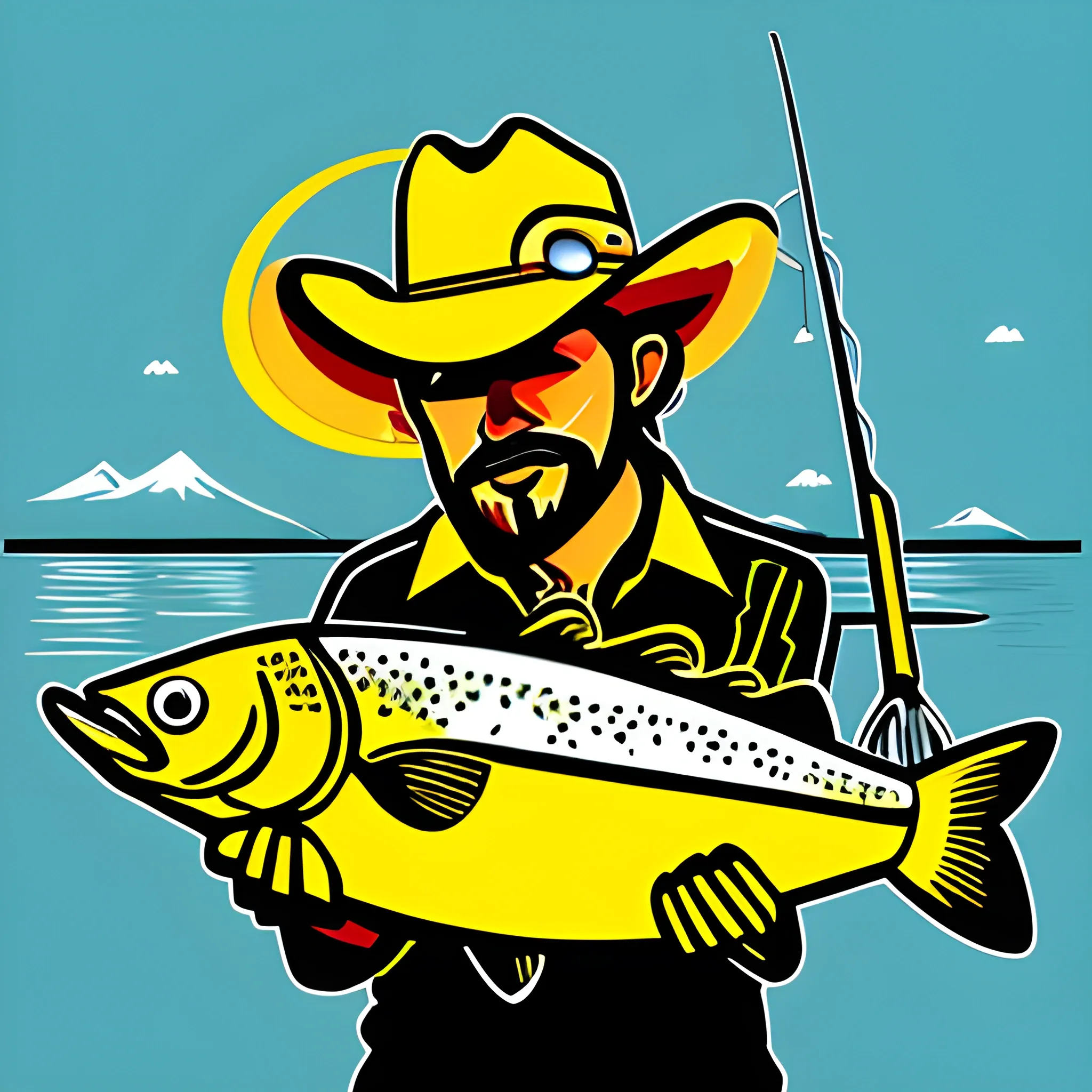 cowboy hat logo likes fishing, Cartoon, Trippy