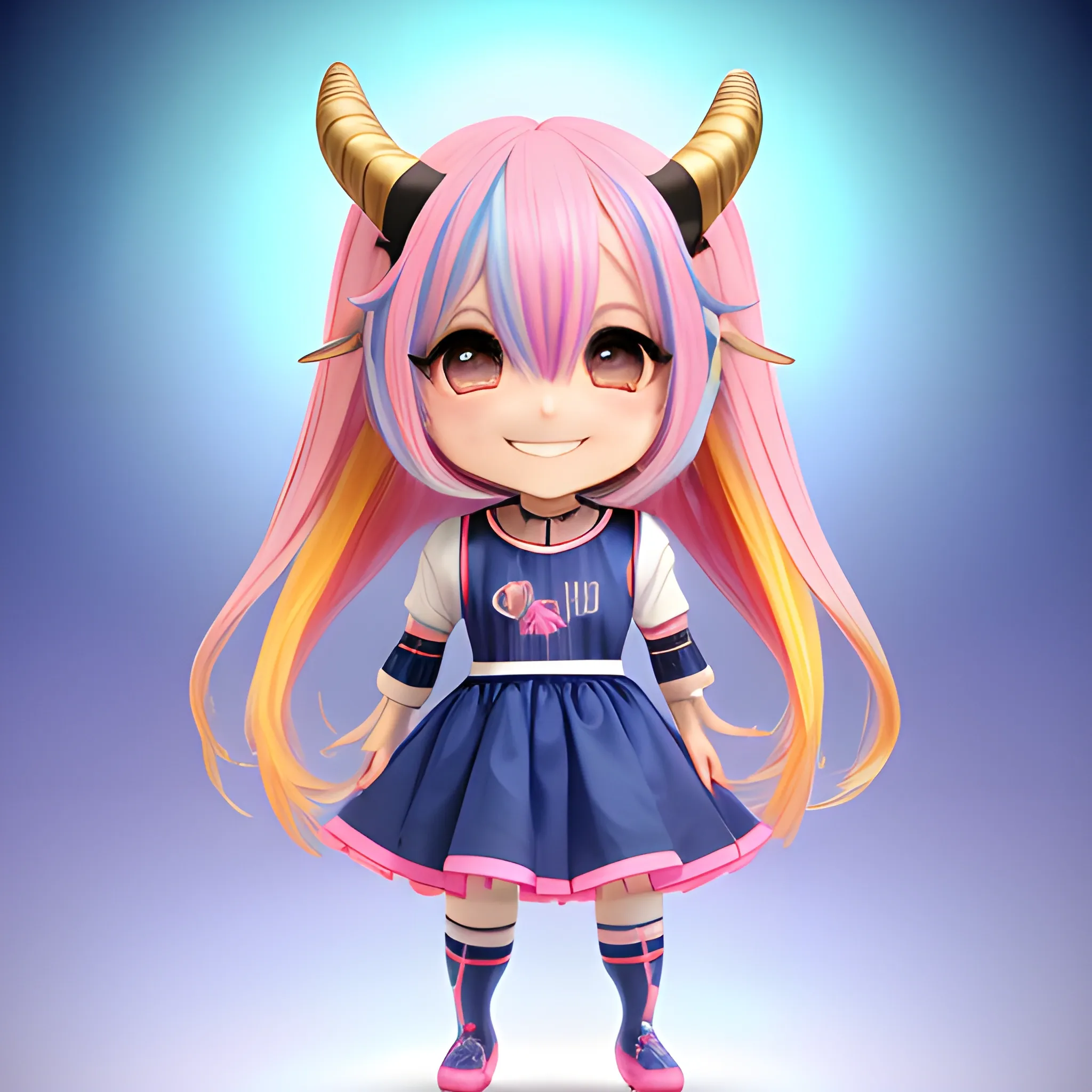 full body goat doll，masterpiece, best quality, 8k, cinematic light, ultra high res, chibi, 1boy Wearing a blue Argentine jersey， child, pink hair, multicolored hair, long hair, solo, dress, star hair ornament, horns, blue hair, star \(symbol\), bangs, gradient hair, artist name, gradient, smile, closed mouth, full body, pink background, gradient background,