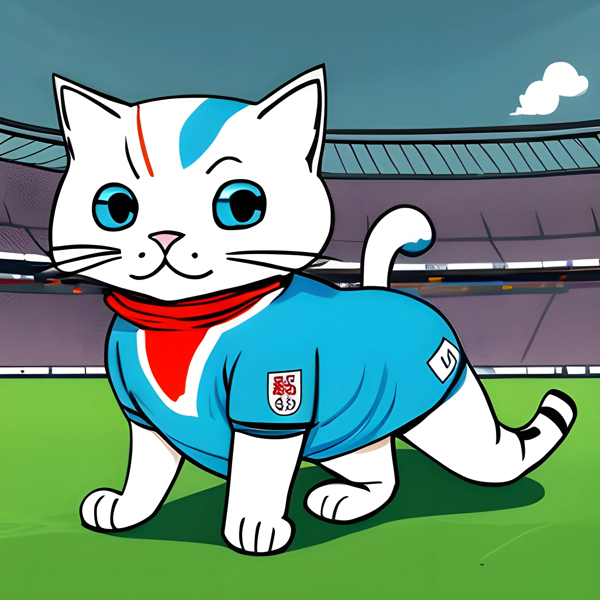 un gato de color blanco con características medias humanizadas, especialmente con ojos de un deslumbrante color celeste, divirtiéndose jugando al fútbol en un escenario emocionante. El gato debe llevar puesto un polo de fútbol de la selección de Japón., Cartoon