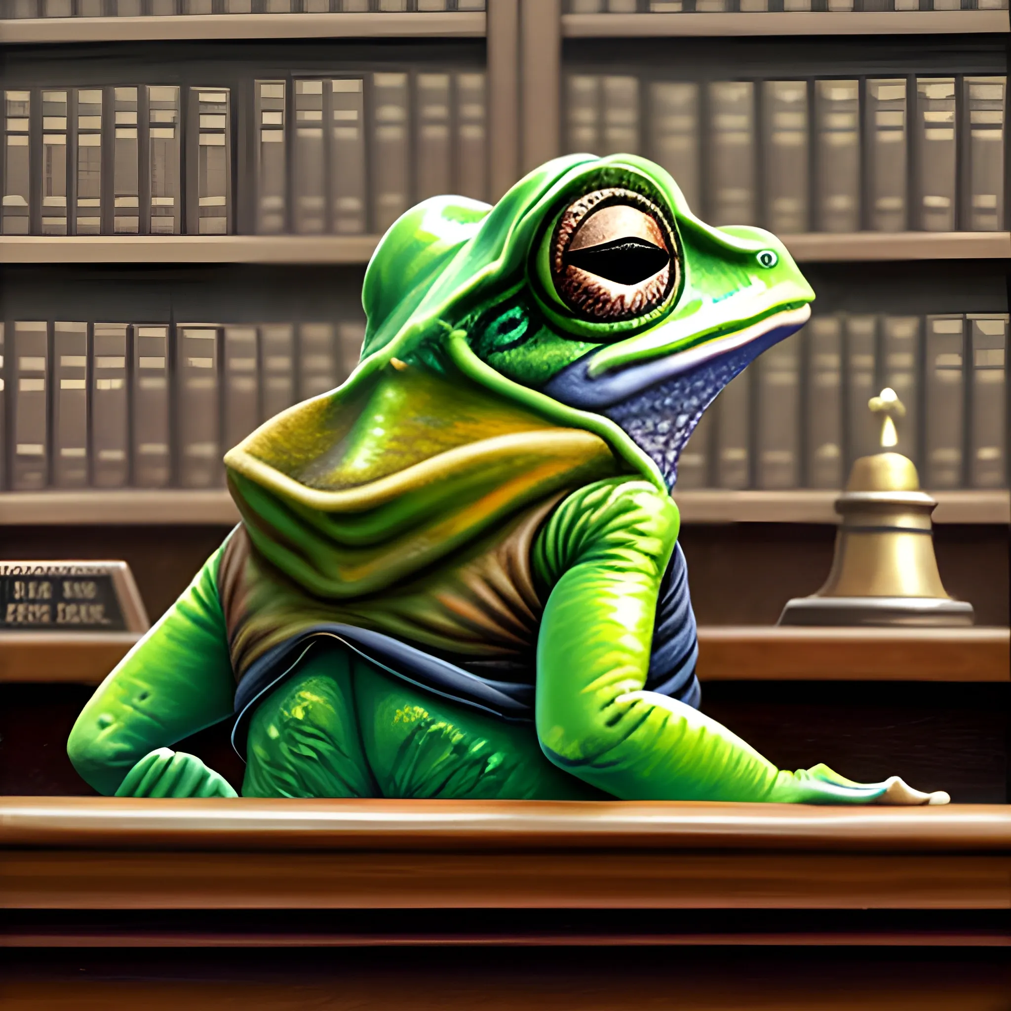 Bullywug frog-person Judge, In judge clothing, holding gavel. frog-like, staring down angrily at camera from behind the bench. in courtroom.
, Oil Painting, Oil Painting