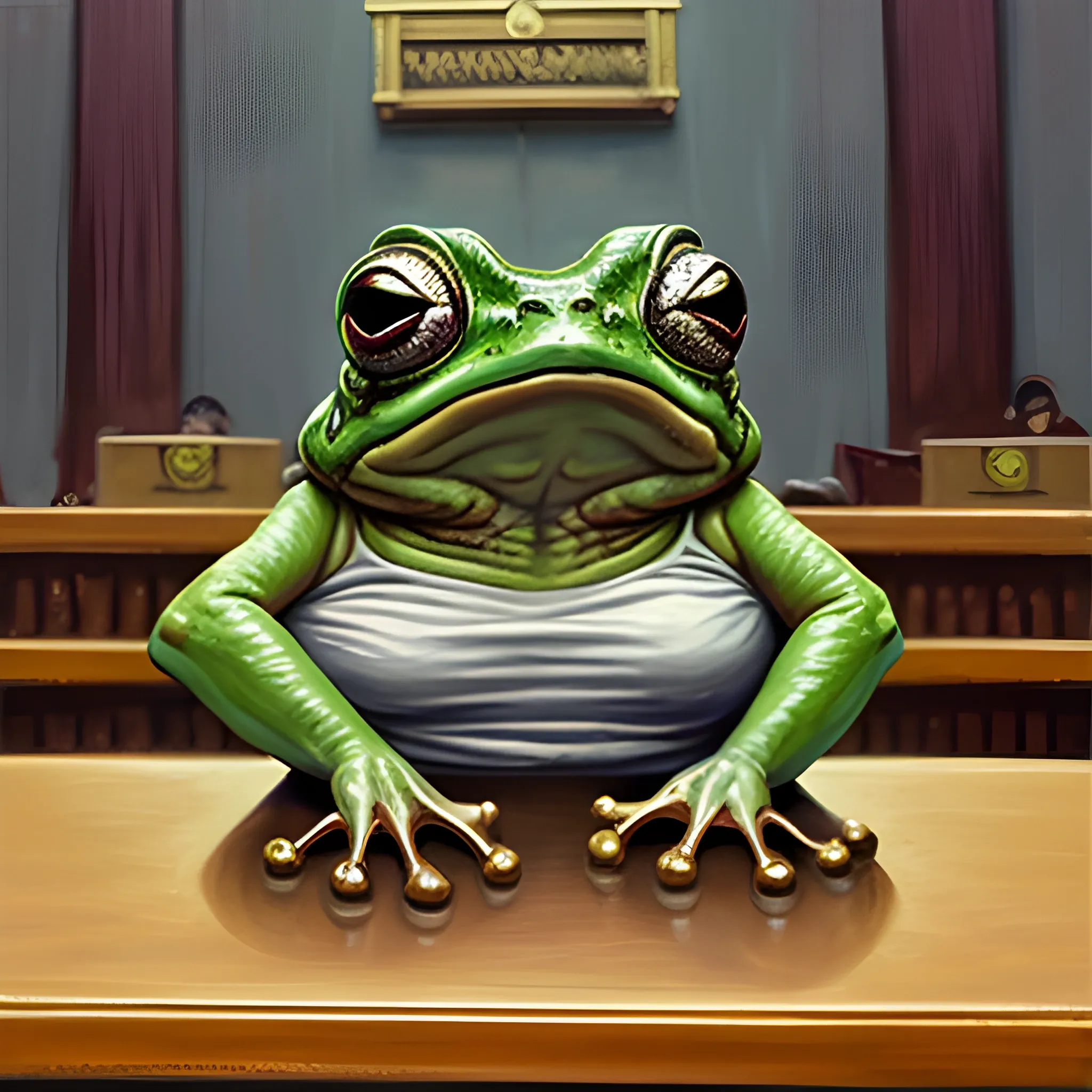 Bullywug frog-person Judge, In judge clothing, holding gavel. frog-like, staring down angrily at camera from behind the bench. in courtroom.
, Oil Painting, Oil Painting