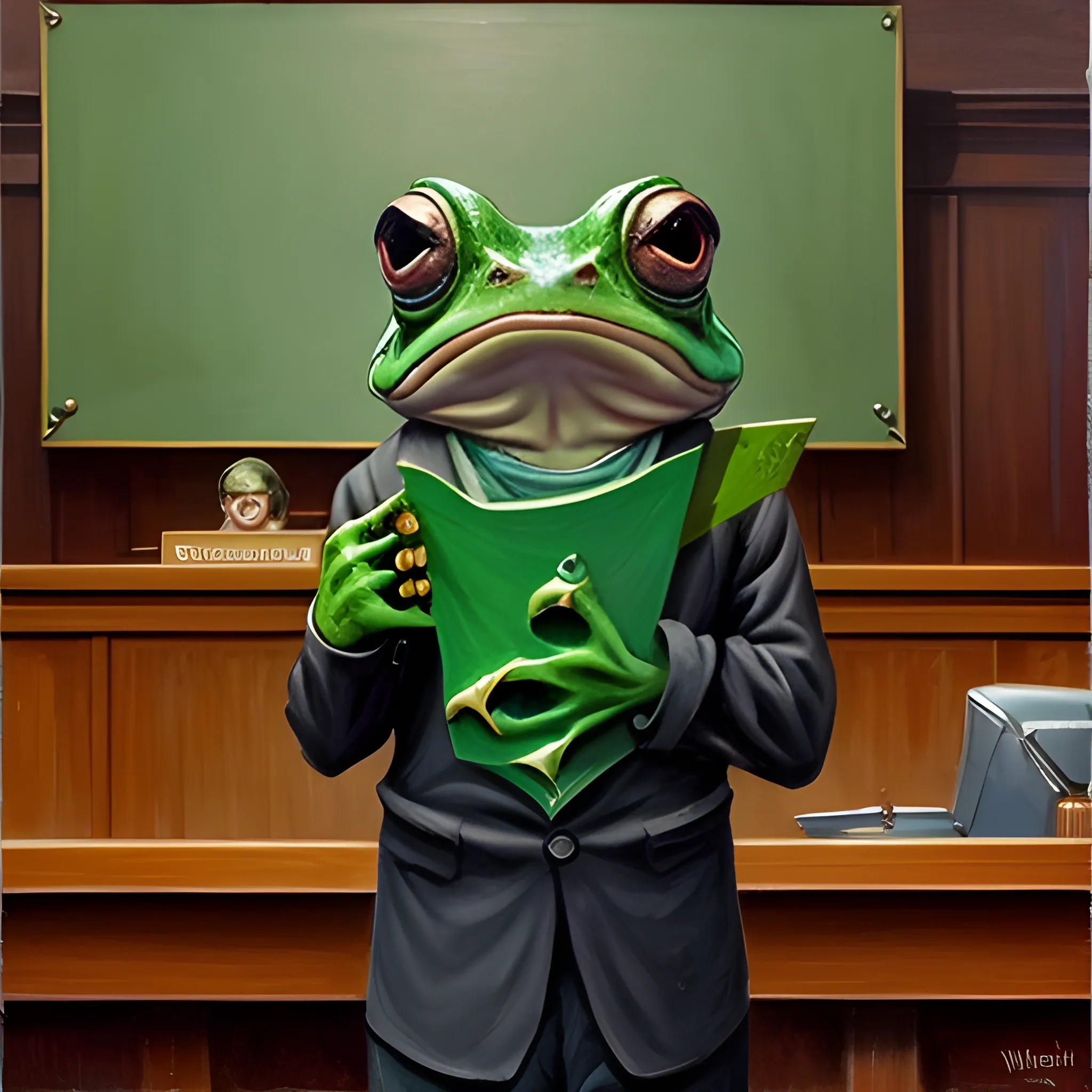 Bullywug frog-person Judge, In judge clothing, holding gavel. frog-like, staring down angrily at camera from behind the bench. in courtroom.
, Oil Painting, Oil Painting