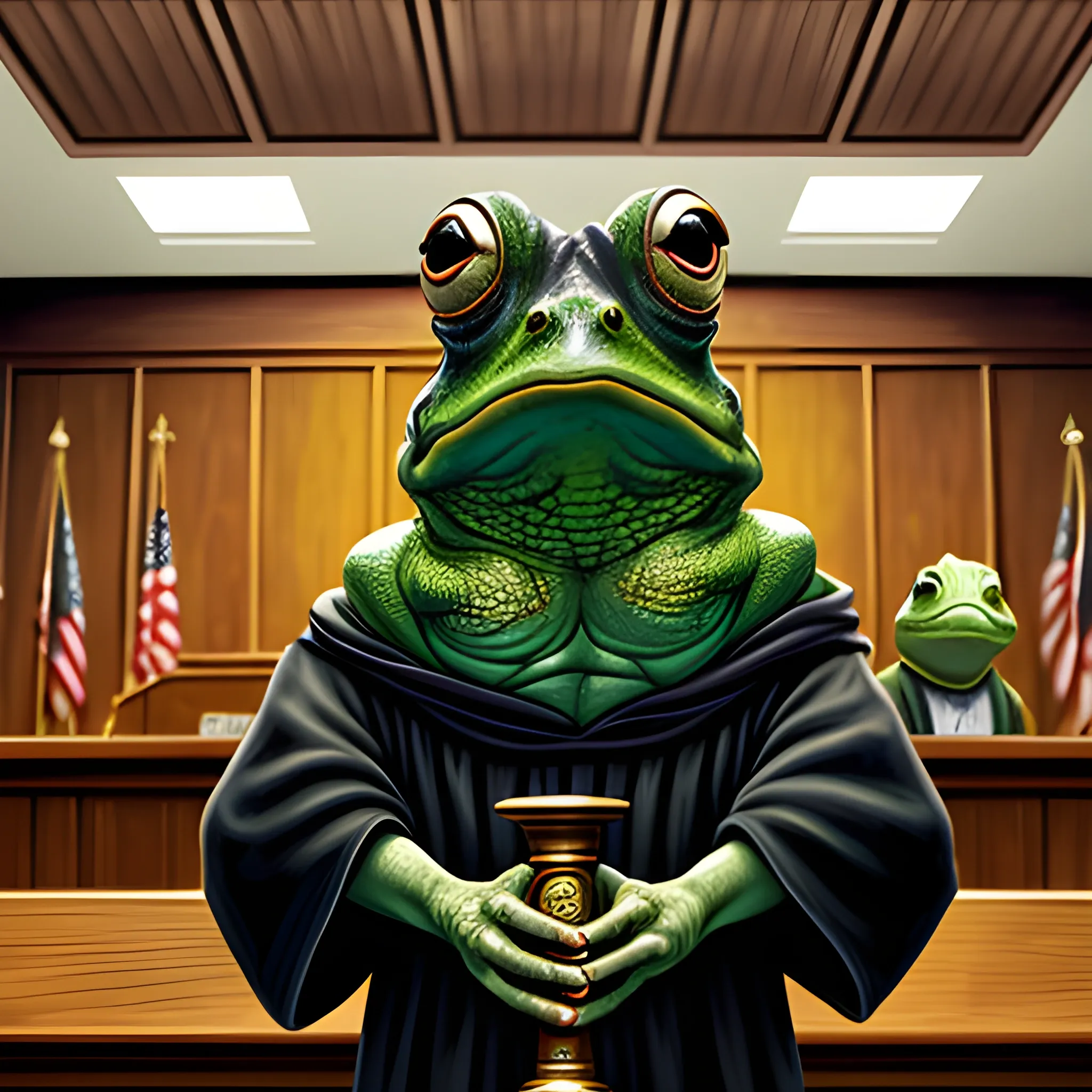 Bullywug frog-person Judge, In judge robes, holding gavel., staring down angrily at camera from behind the bench. in courtroom.
, Oil Painting