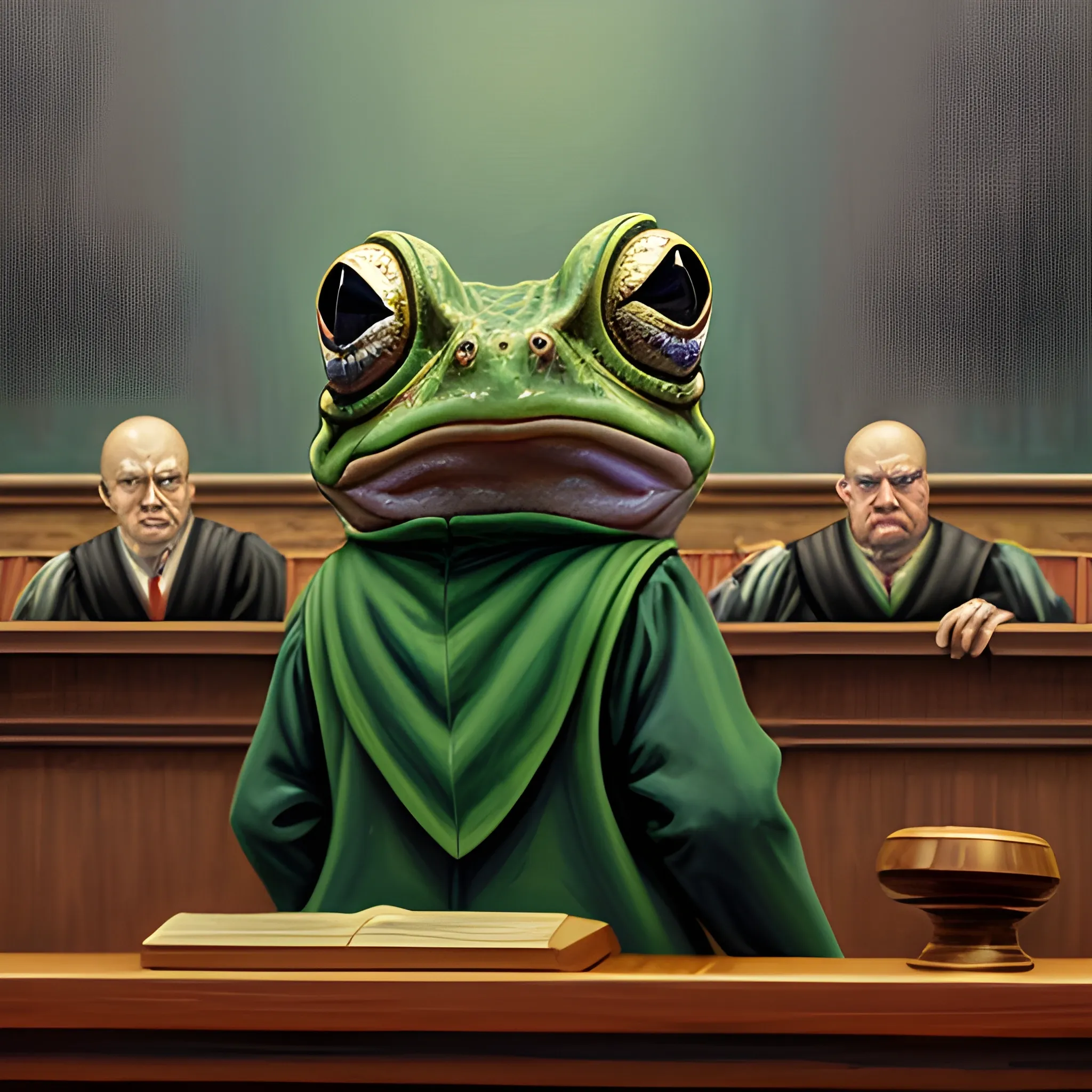 Bullywug frog-person Judge, In judge robes, slamming the gavel., staring down angrily at camera from behind the bench. in courtroom.
, Oil Painting