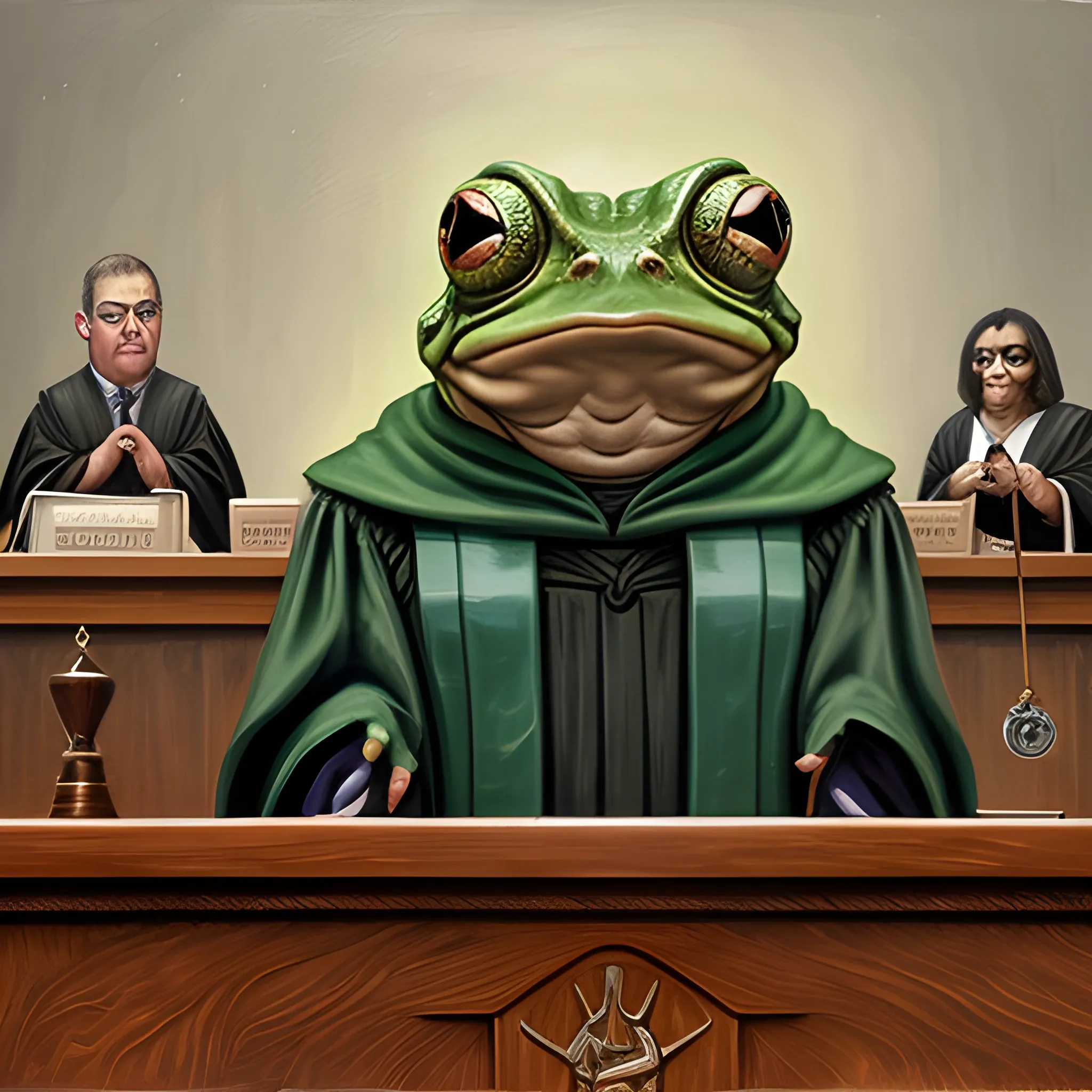 Bullywug frog-person Judge, In judge robes, slamming the gavel., staring down angrily at camera from behind the bench. in courtroom.
, Oil Painting