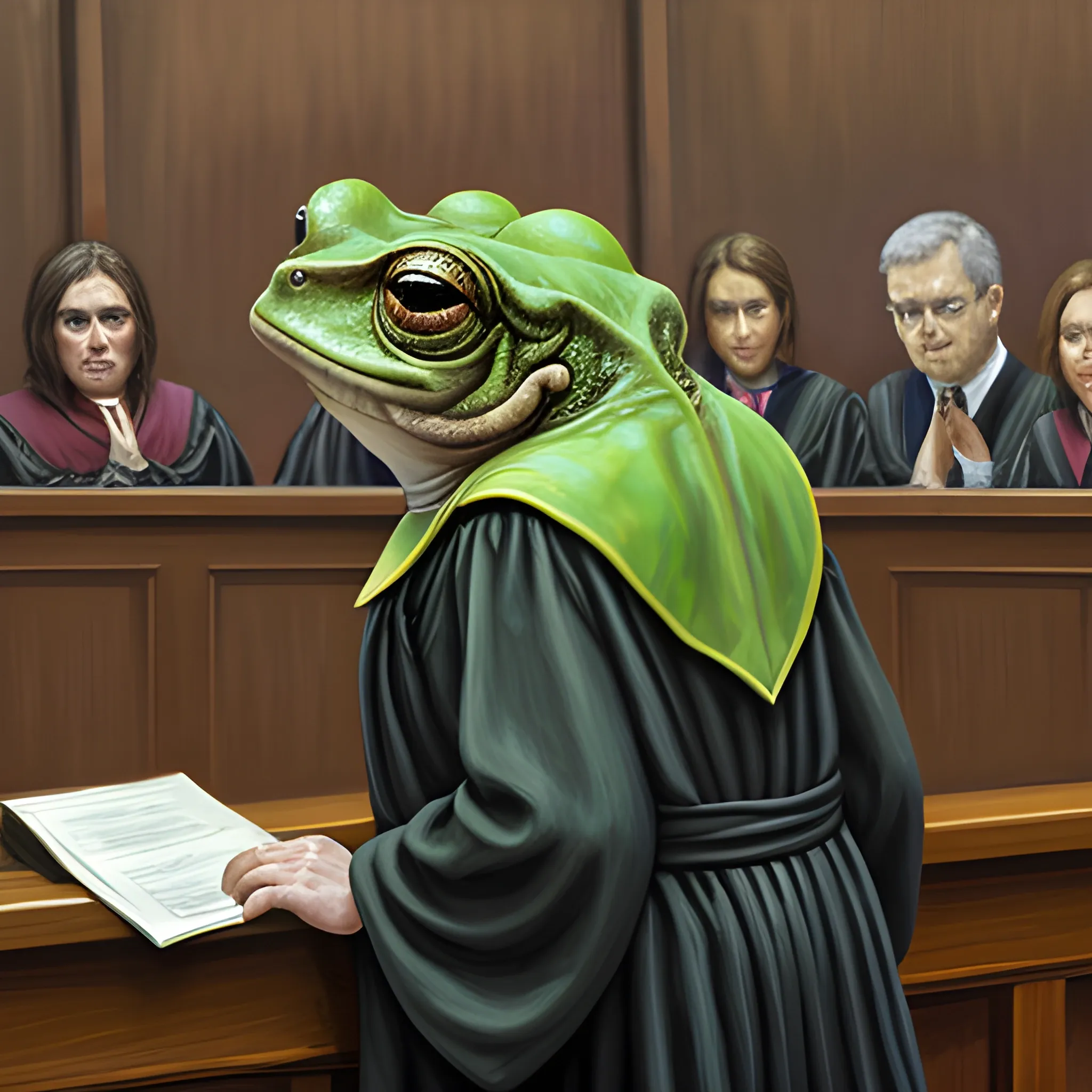 Bullywug frog-person Judge, In judge robes, slamming the gavel, staring down angry at camera from behind the bench. in courtroom. , Oil Painting