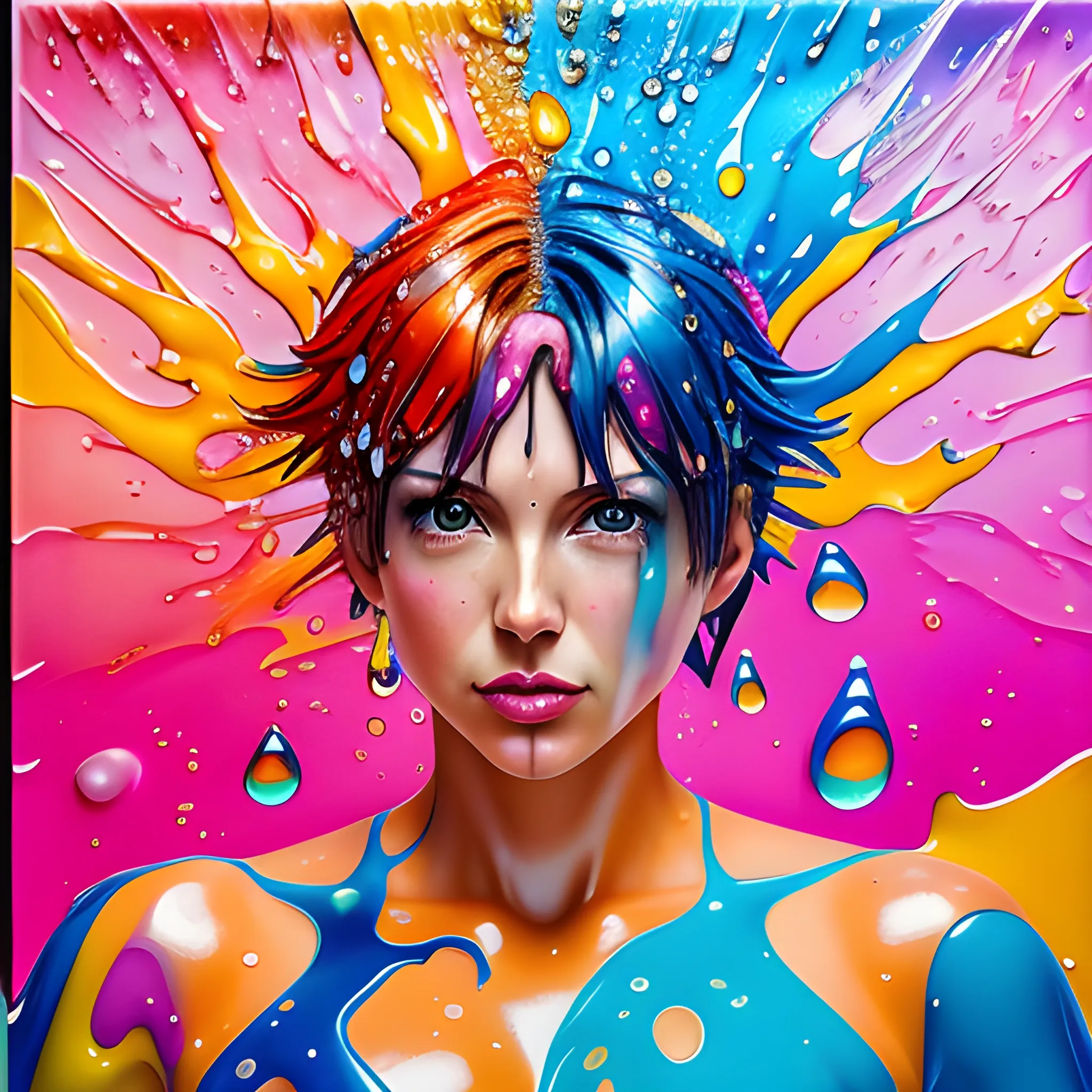 A David lachapelle modern colorful melting glass, water droplets and dust splash anime makoto oil painting of a supermodel female, toyism, oil painting without frame, keygen, looking hot, strong engineer style, unsplash