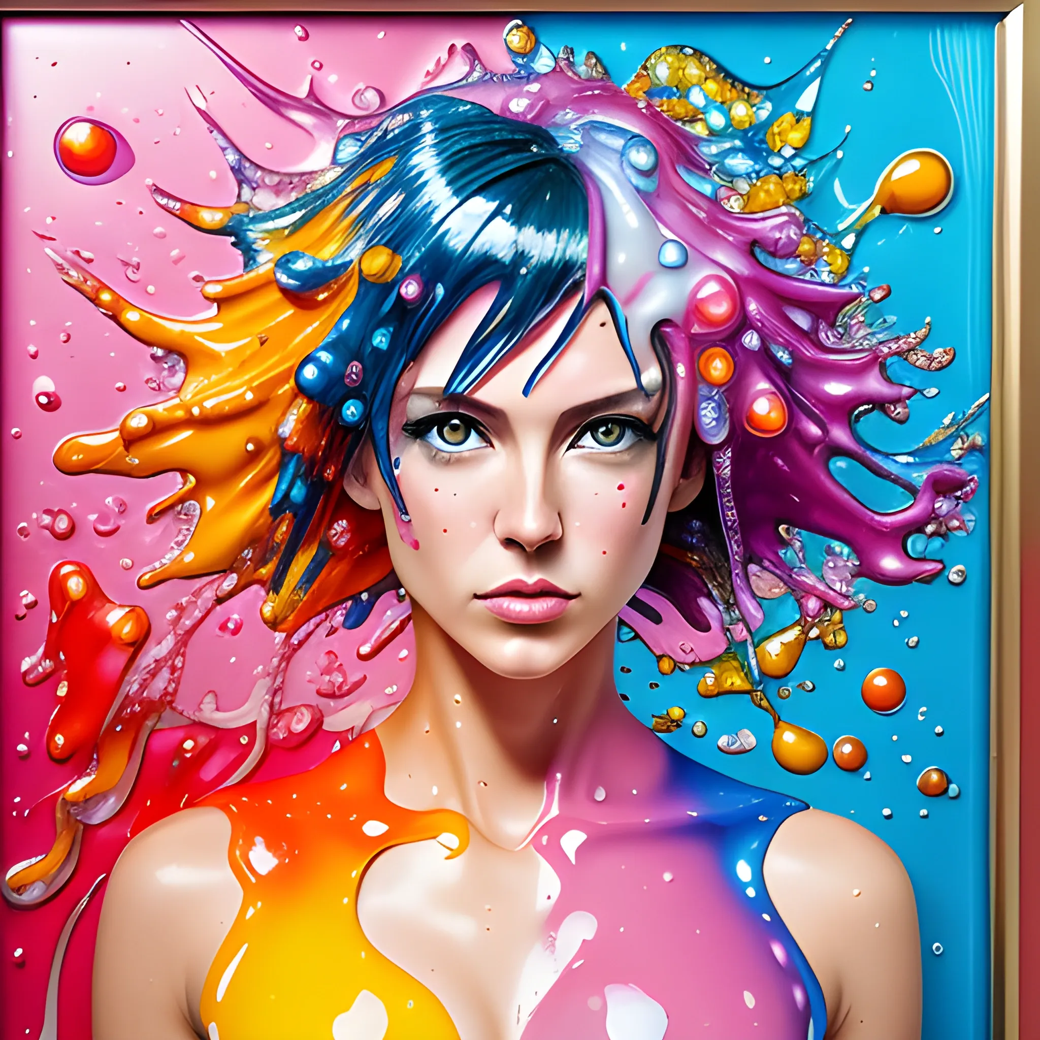 A David lachapelle modern colorful melting glass, water droplets and dust splash anime makoto oil painting of a supermodel female, toyism, oil painting without frame, keygen, looking hot, strong engineer style, 