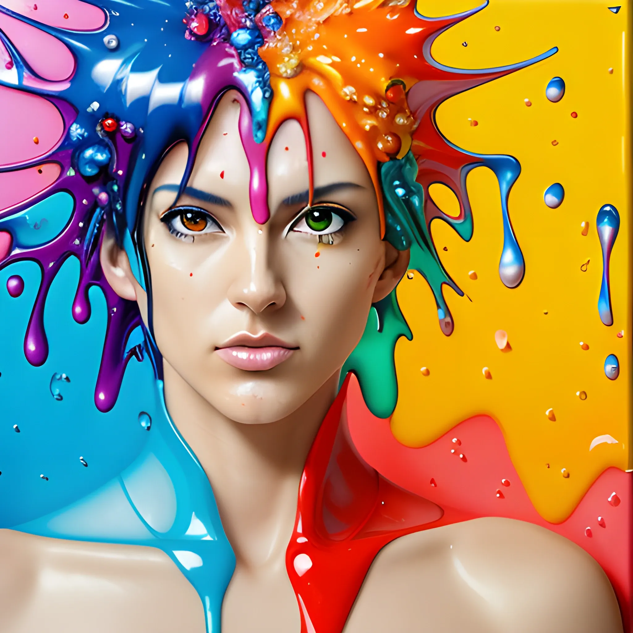 A David lachapelle modern colorful melting glass, water droplets and dust splash anime makoto oil painting of a supermodel , toyism, oil painting without frame, keygen, looking hot, strong engineer style, 