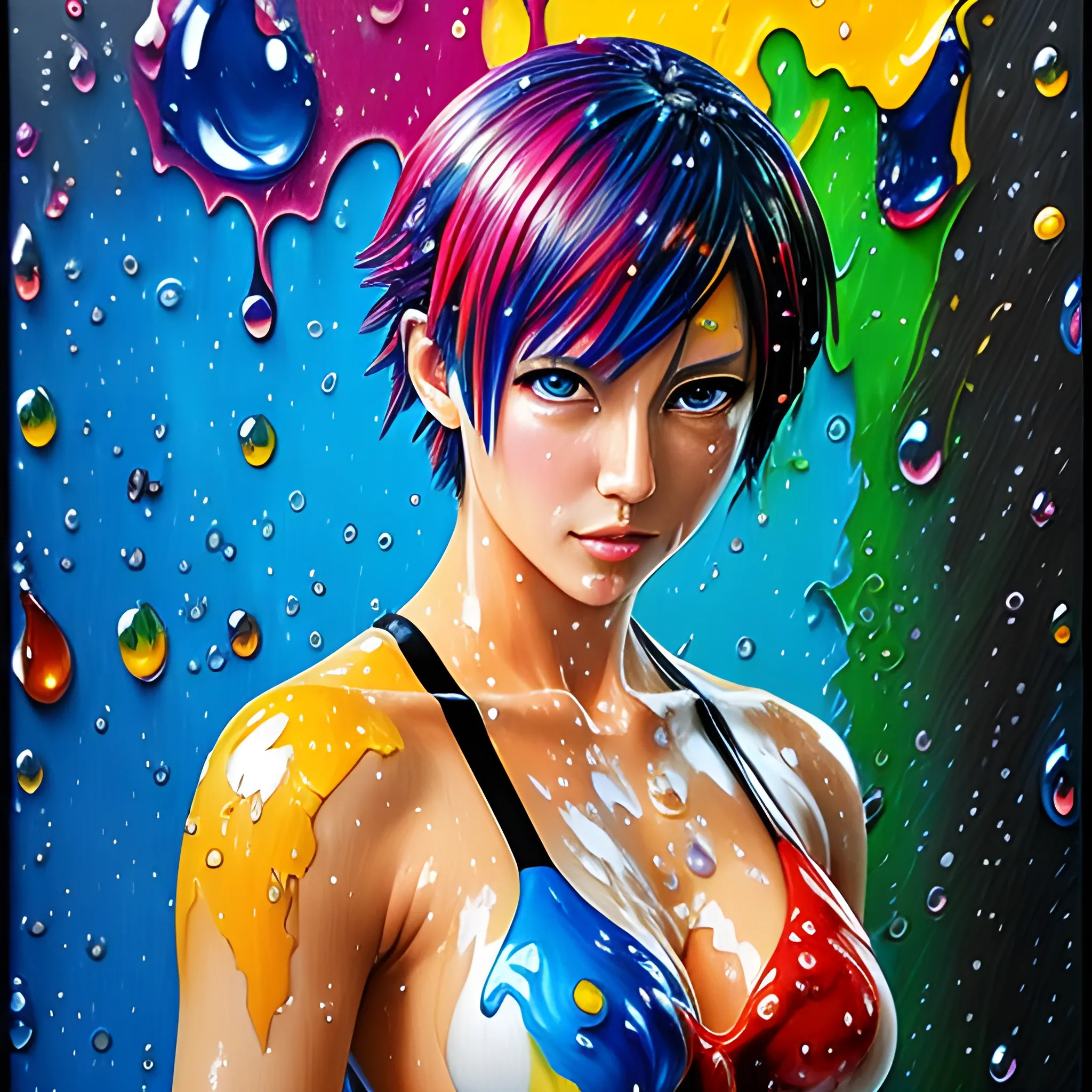  modern colorful melting glass, water droplets and dust splash anime makoto oil painting of a supermodel , toyism, oil painting without frame, keygen, looking hot, strong engineer style, 