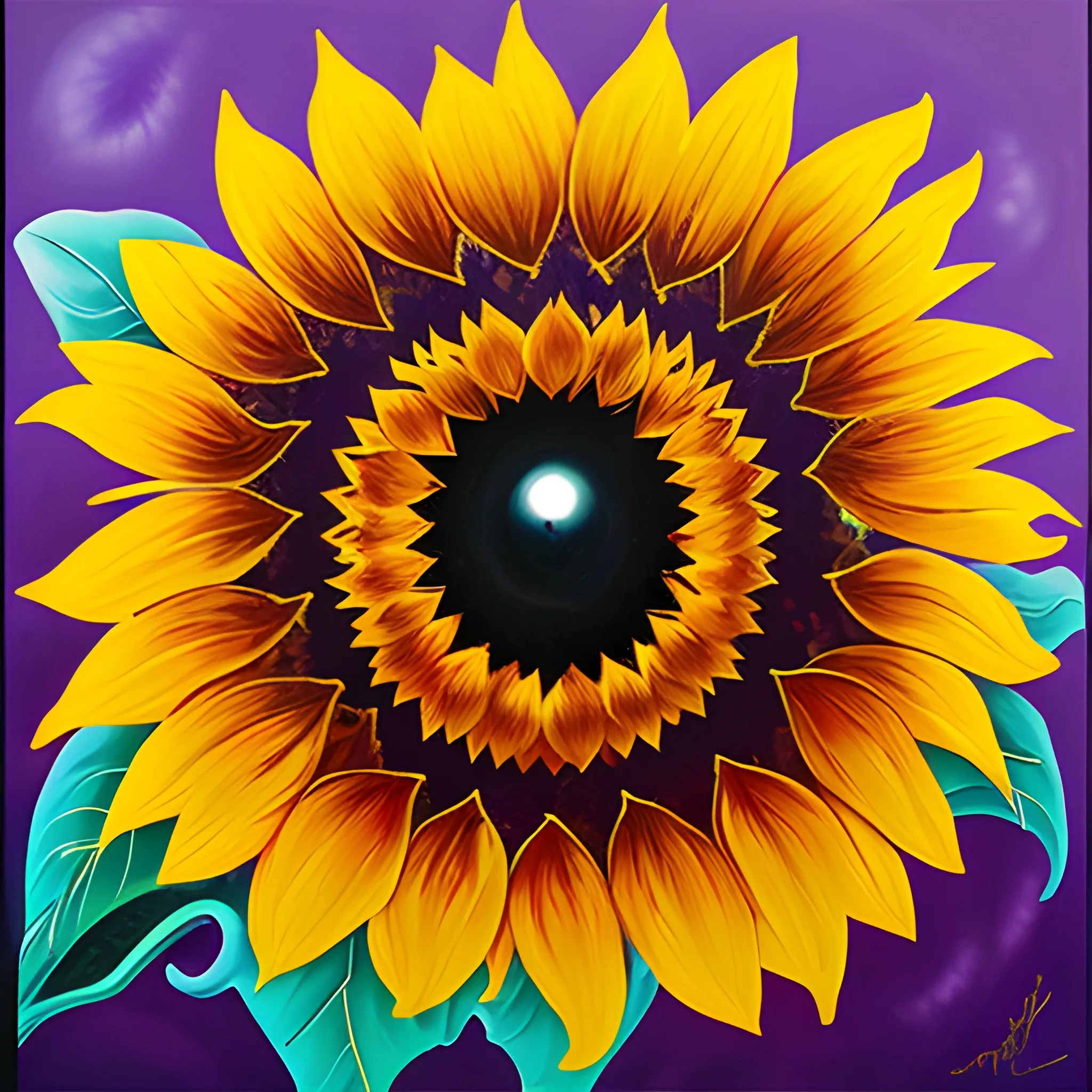 Oil painting style, rich and gorgeous colors, clear layers, yellow, purple, red sunflowers, some are blooming, some are drooping, there is an eye in the center of the sunflower, ultra-high-definition picture quality, Oil Painting
