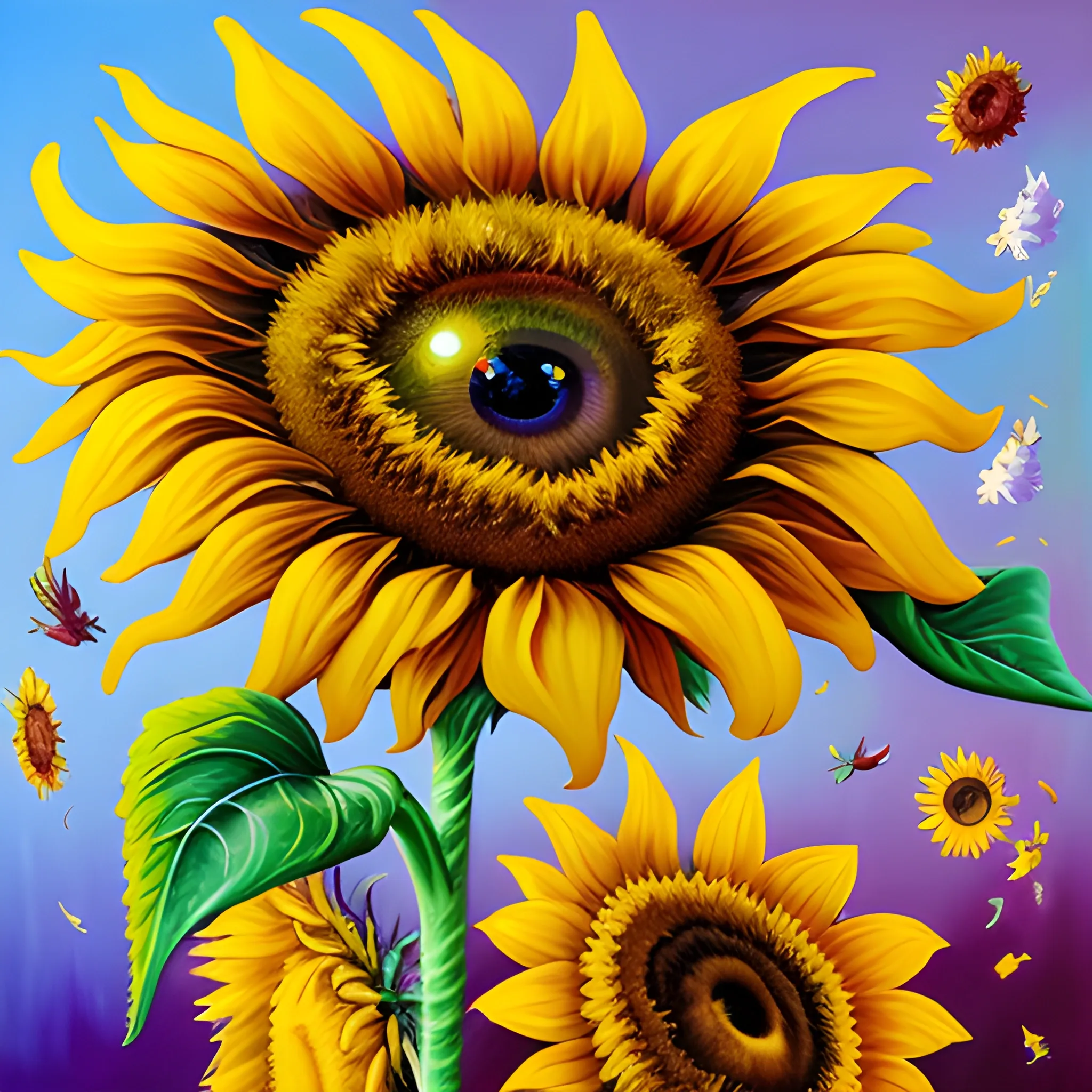 Oil painting style, rich and gorgeous colors, clear layers, yellow, purple, red sunflowers, some are blooming, some are drooping, there is an eye in the center of the sunflower, ultra-high-definition picture quality, Oil Painting, 3D