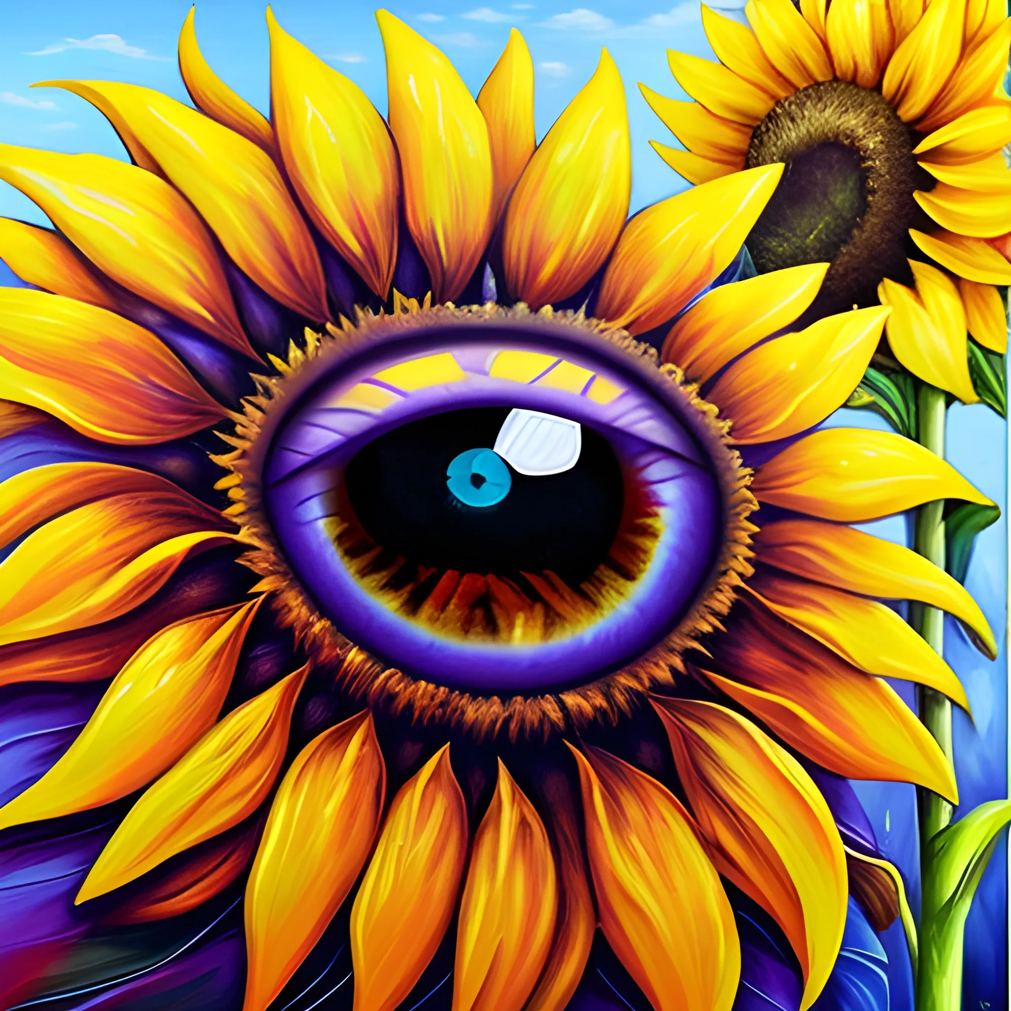 Oil painting style, rich and gorgeous colors, clear layers, yellow, purple, red sunflowers, some are blooming, some are drooping, there is an eye in the center of the sunflower, ultra-high-definition picture quality, Oil Painting, 3D, Cartoon