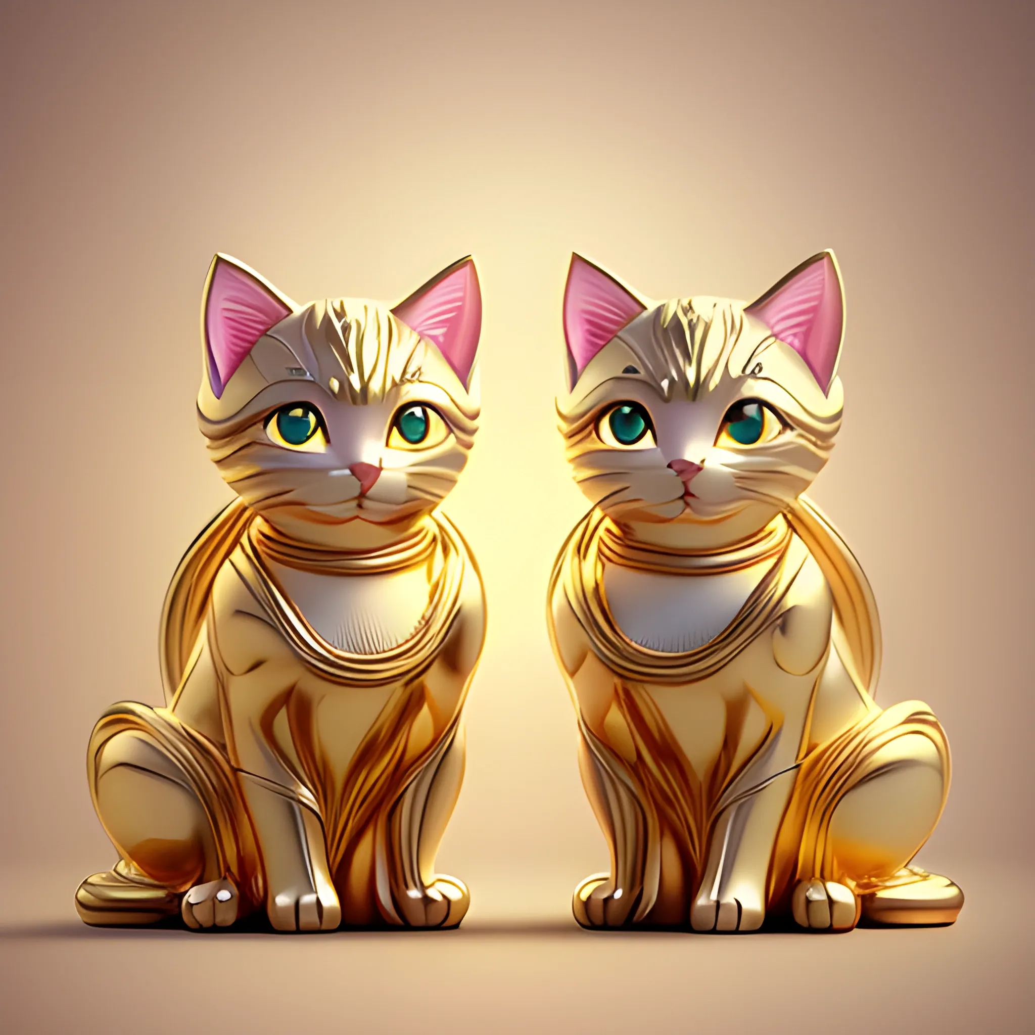 Two pretty kittens sitting on gold coins, in the style of unreal engine 5, anime art, light gold and white, I can’t believe how beautiful this is, animated illustrations, decorative paintings, meticulous design, the picture is perfectly bright with light and shadow, the colors are gorgeous, the lines are smooth and clear—please help me translate, 3D, Cartoon