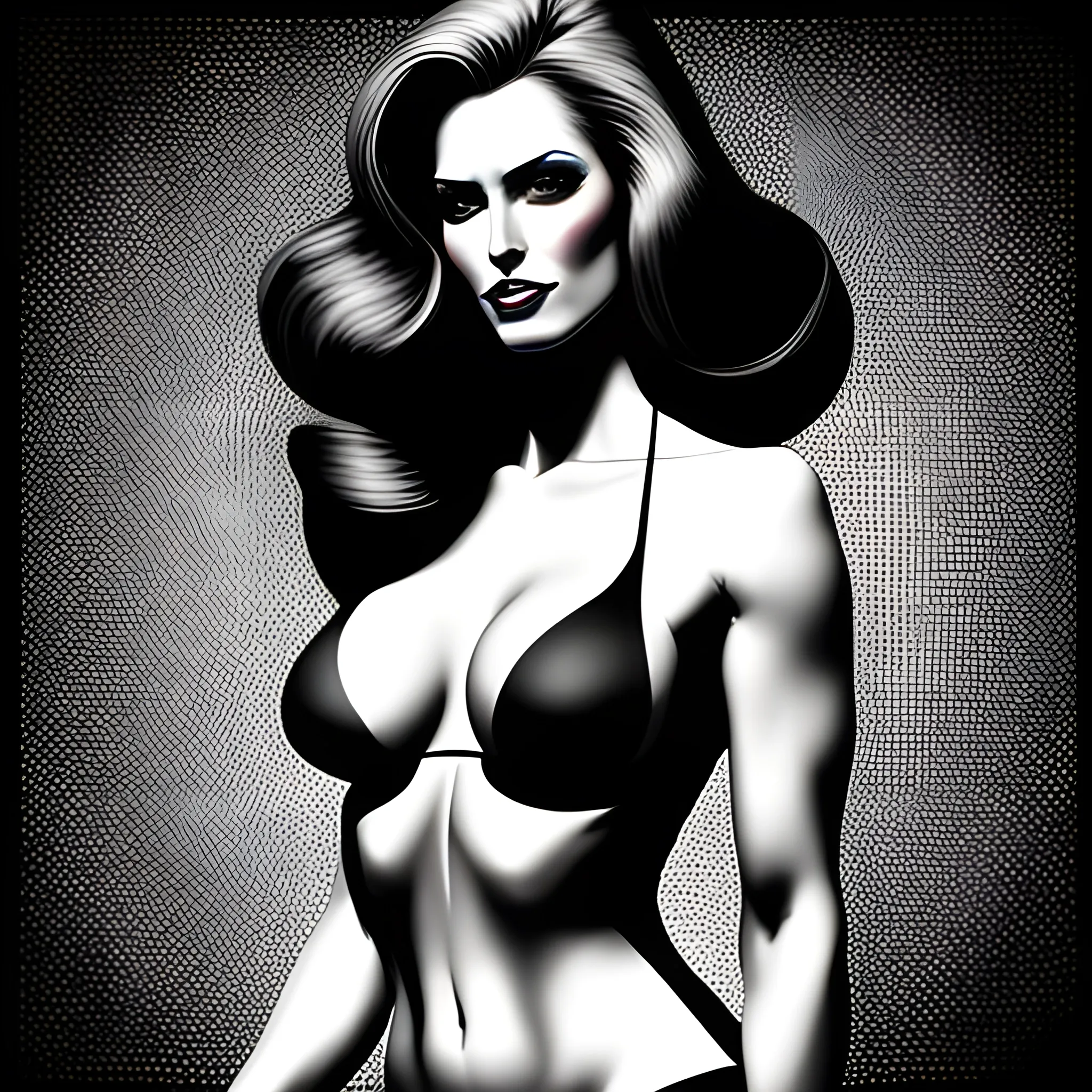 Digital art colorful girl body drawing with, in the style of black - and - white graphic, bold colorful lines, airbrush art, flickr, dark chiaroscuro contrasts, 1970s, detailed perfection