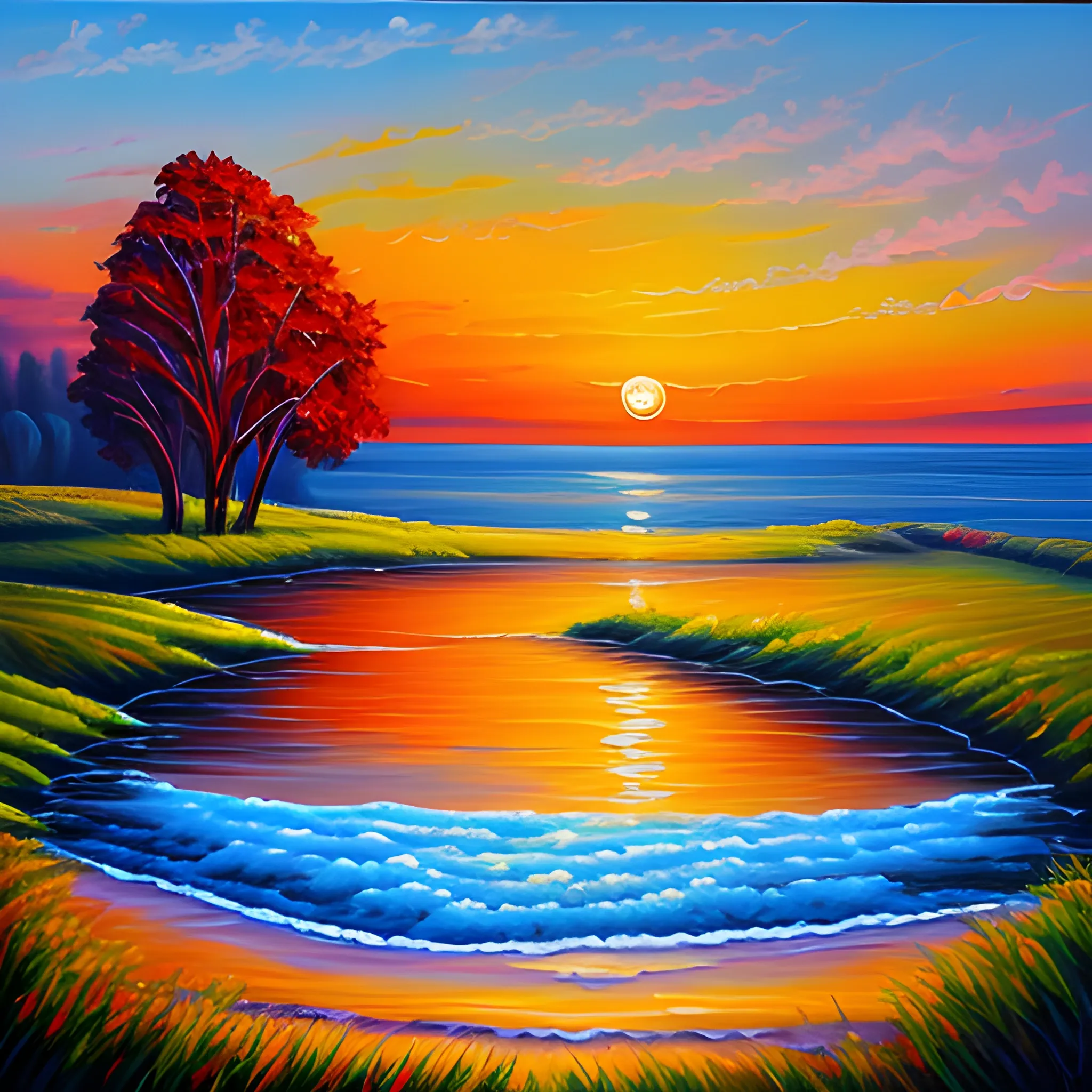 Sunset landscape painting, oil painting style

