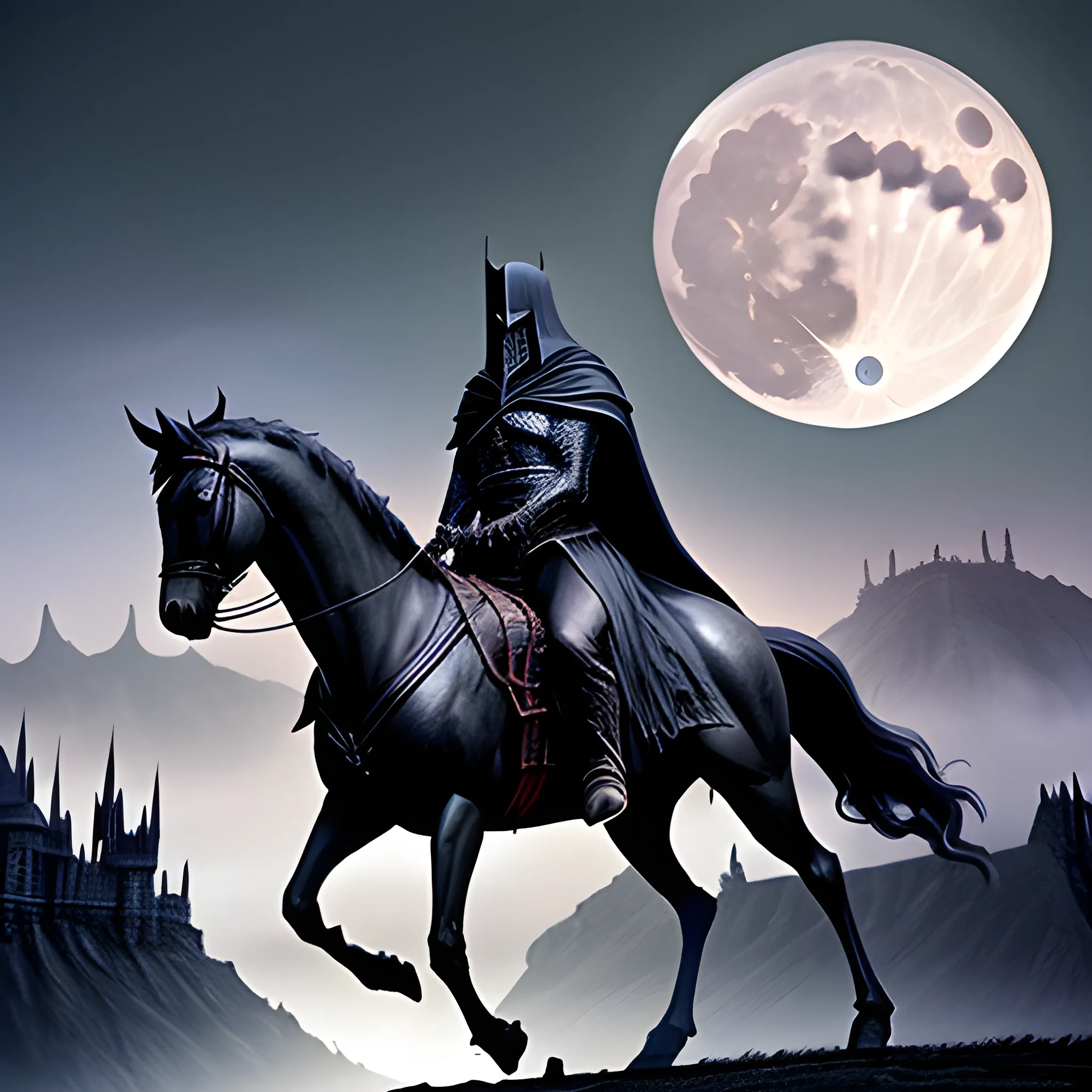 The Sorcerer King of Angmar, riding the Black Horse of Mordor, with a full moon and the Tower of Barador in the background