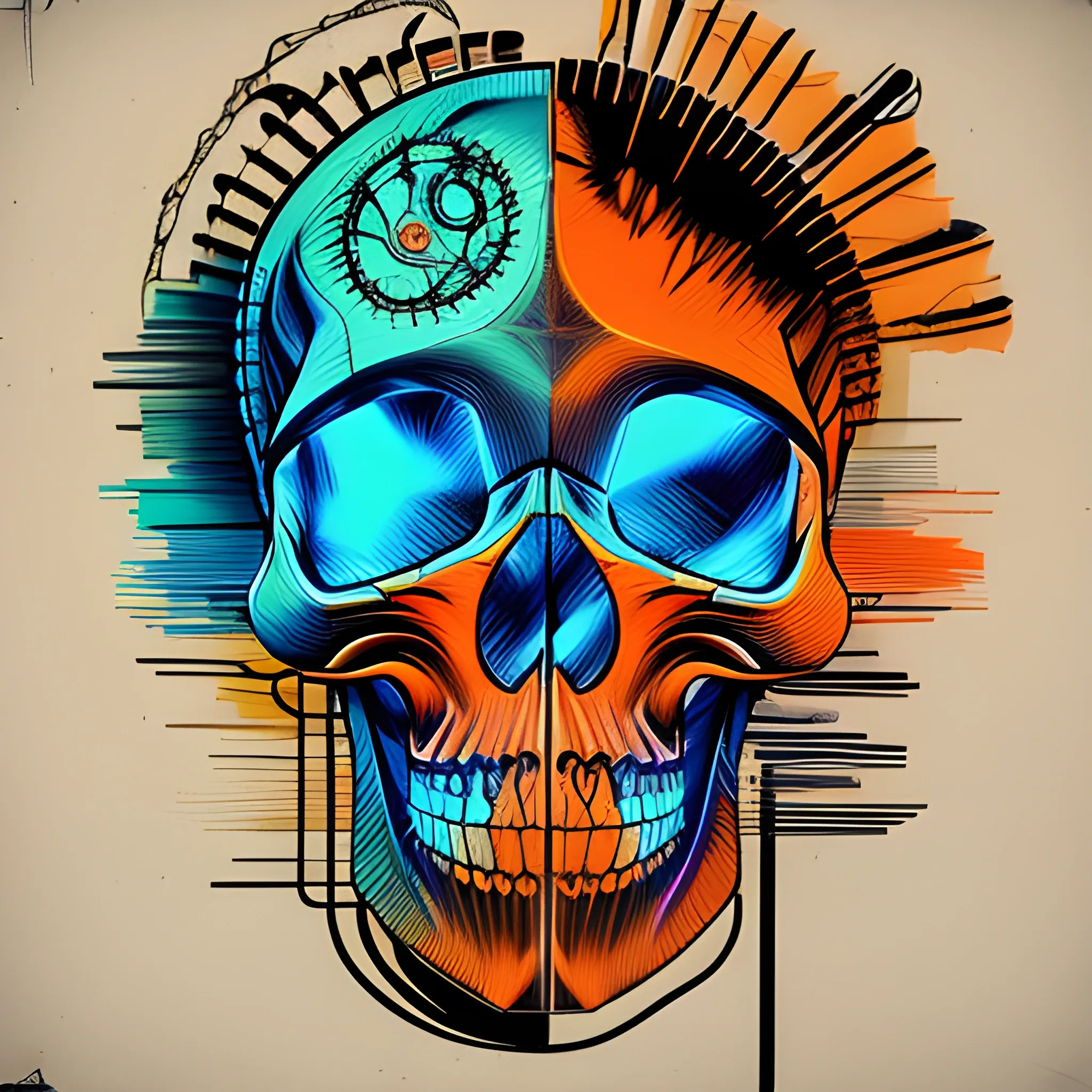 4k acrylic abstract neon skull mechanism art on canvas with brush textures depicting mid century shapes with textured layered details, trending on artstation, Trippy, Pencil Sketch