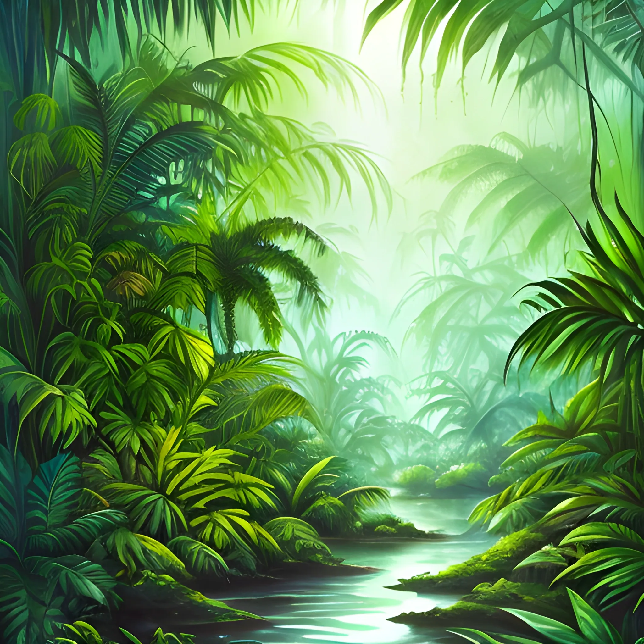 A mysterious jungle with dramatic light in the background, lush variety of greens, loose Water Color painting 