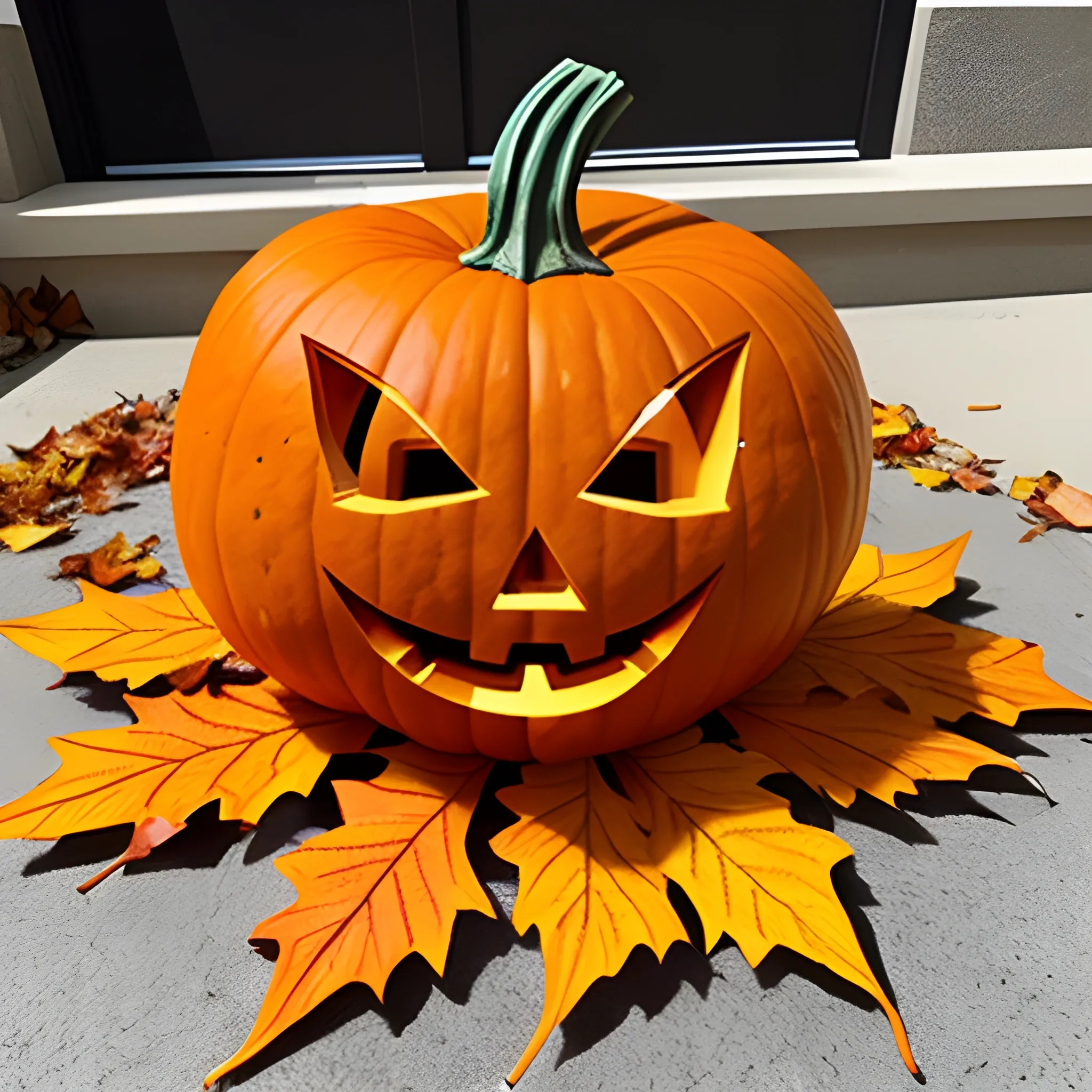 falling leaves on perfect pumpkin carved with baby feet design

