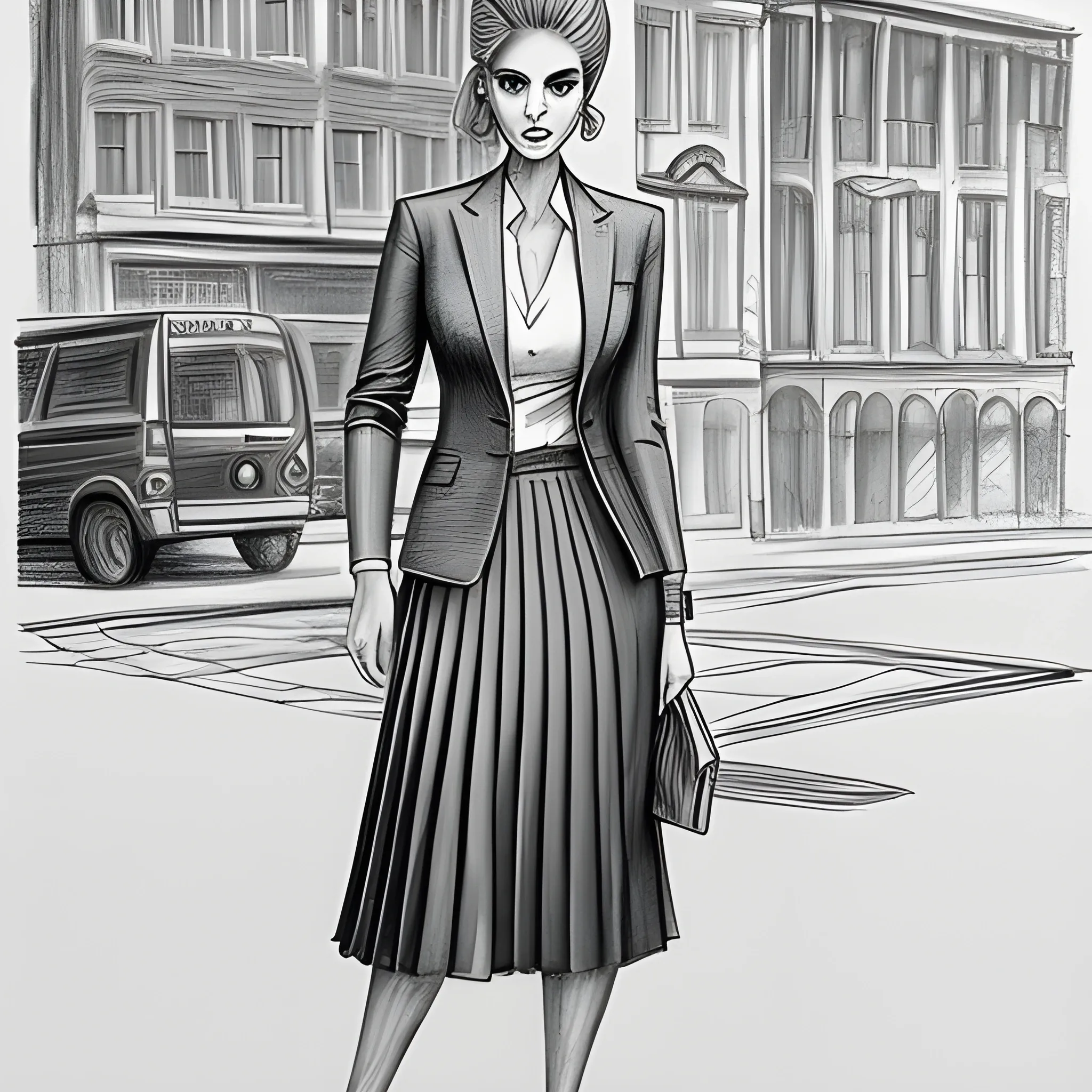 A beautiful woman stands in the street wearing a suit jacket and pleated skirt. Her pair of stiletto heels are realistic and finely detailed, Pencil Sketch, Trippy