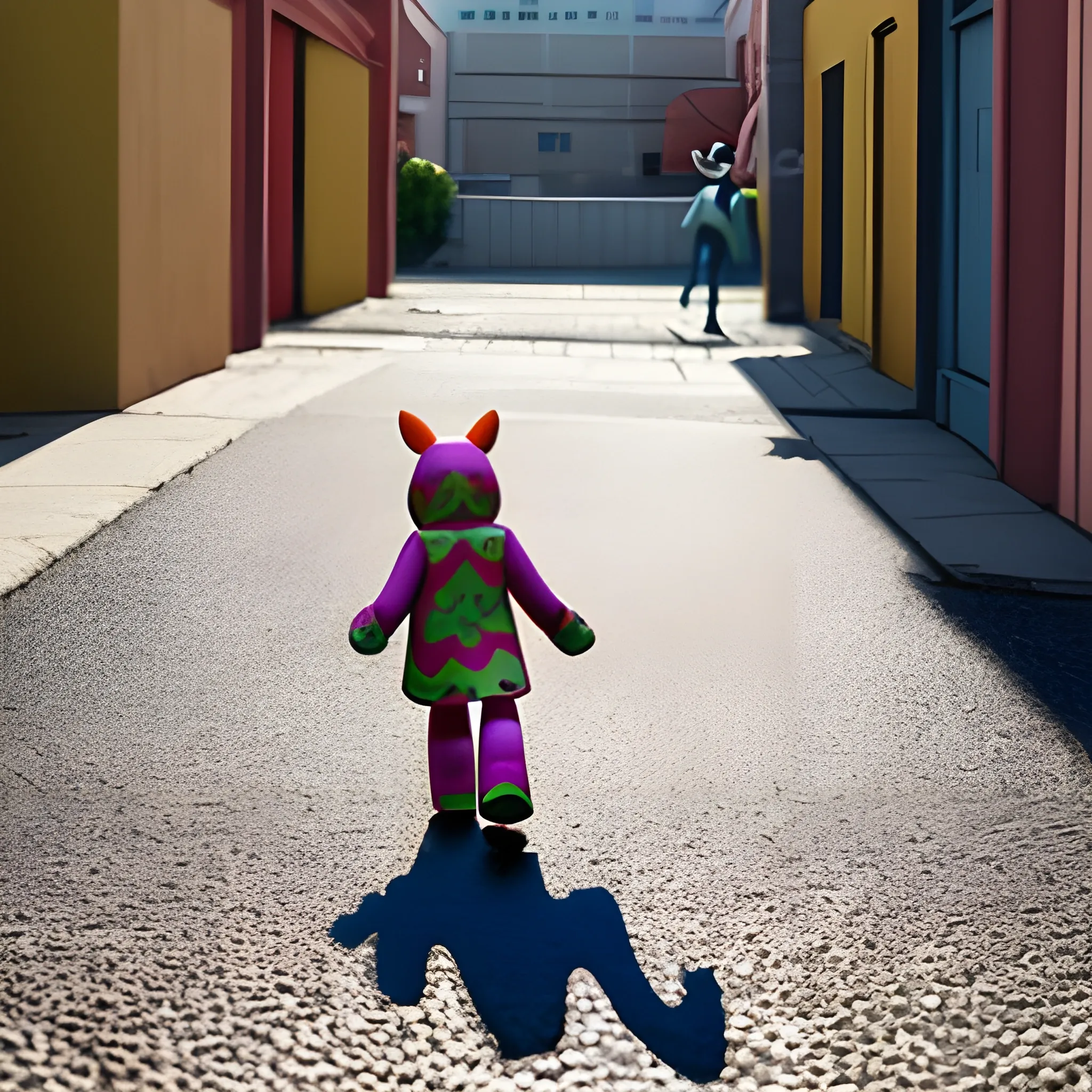 /imagine promt a toy character walking, leaving a house, towards the street
