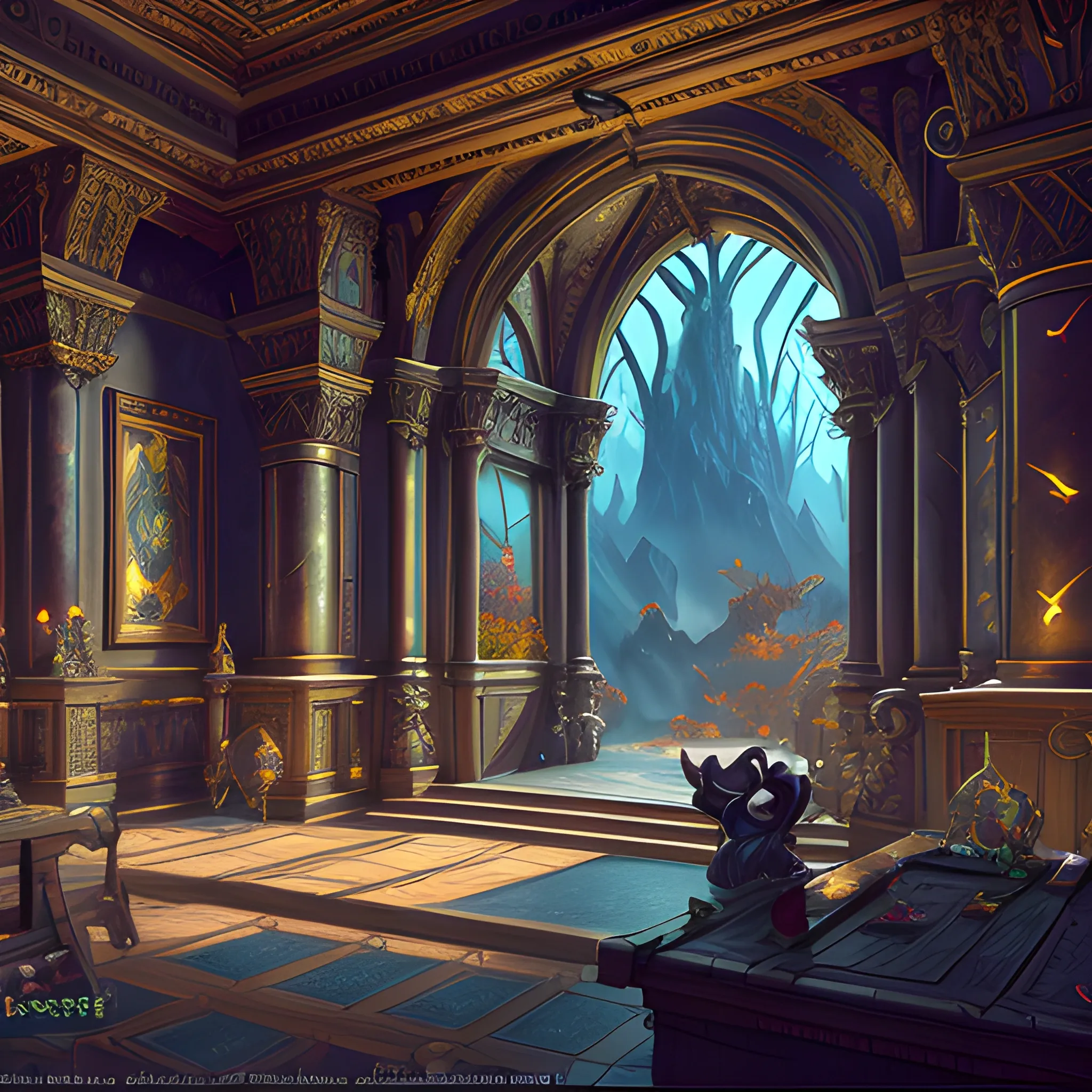 dnd fantacy bank, view from inside, high fantasy, high resolution, high quality, photorealistic, hyperealistic, detailed, detailed matte painting, deep color, fantastical, intricate detail, splash screen, complementary colors, fantasy concept art, 8k resolution trending on Artstation Unreal Engine 5