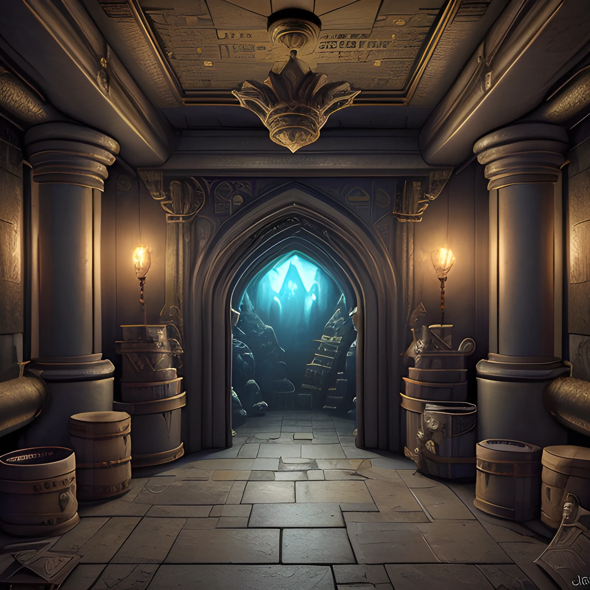 dnd fantacy bank, dnd fantacy bank vault view from inside, high fantasy, high resolution, high quality, photorealistic, hyperealistic, detailed, detailed matte painting, deep color, fantastical, intricate detail, splash screen, complementary colors, fantasy concept art, 8k resolution trending on Artstation Unreal Engine 5