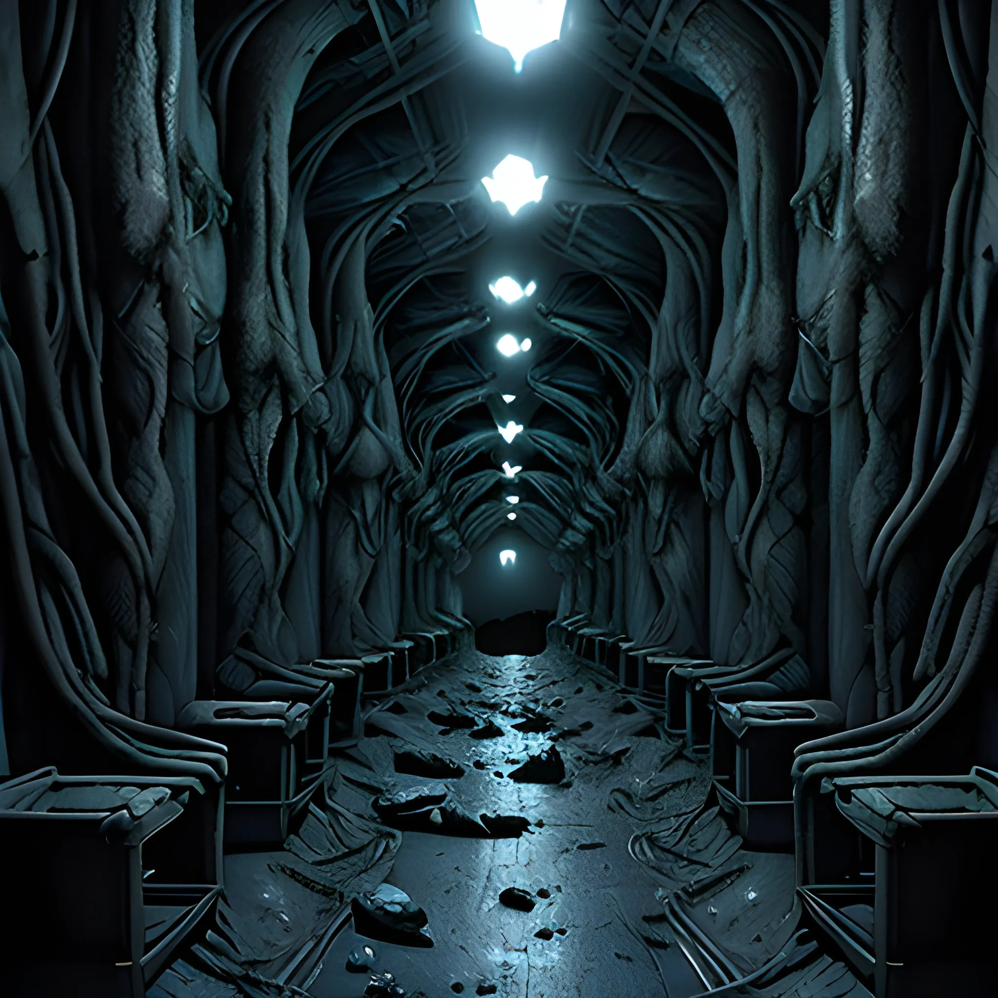 dark hallway of a mine, a detailed matte painting by ridley scott, stalactites, cgsociety, frame from prometheus movie