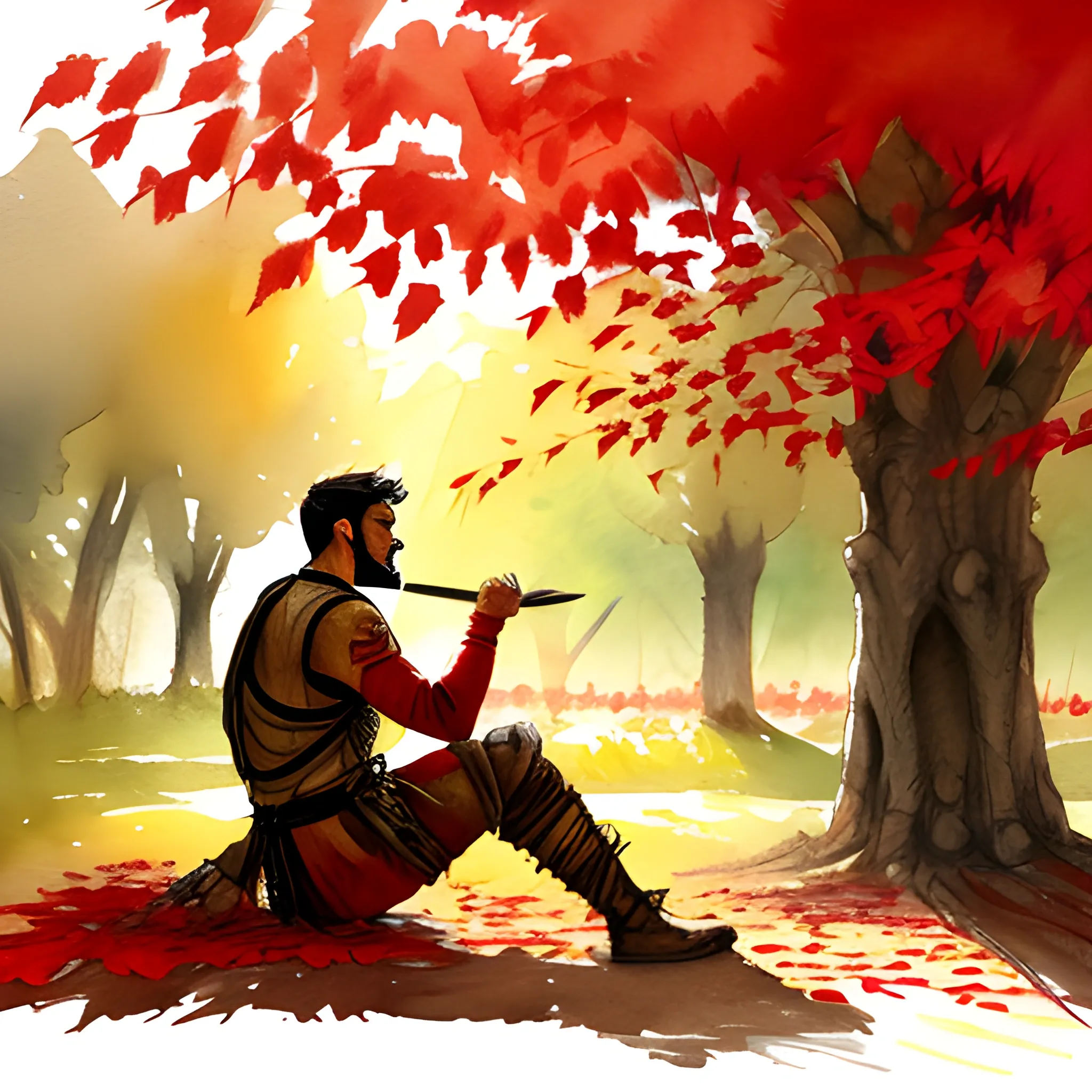  A Warrior sitting under a tree with red leaves a in a warzone facing towards setting sun,  breathing his last breath, Water Color, Oil Painting, Pencil Sketch