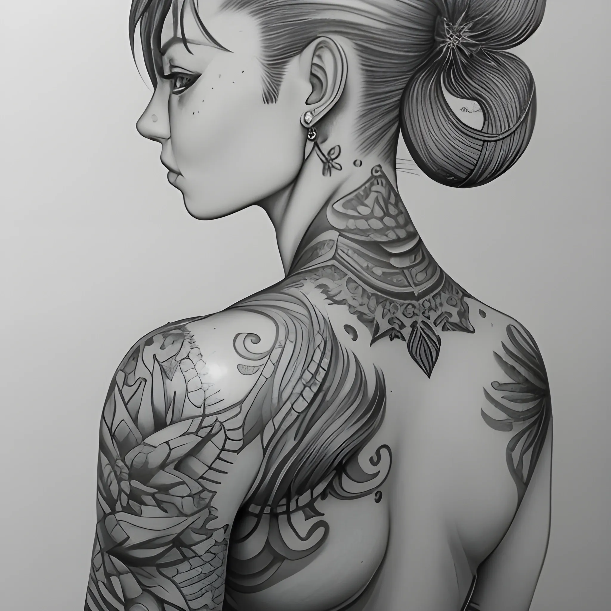 Full back woman tatto with a liones, stars, water lily,  coi fish Pencil Sketch