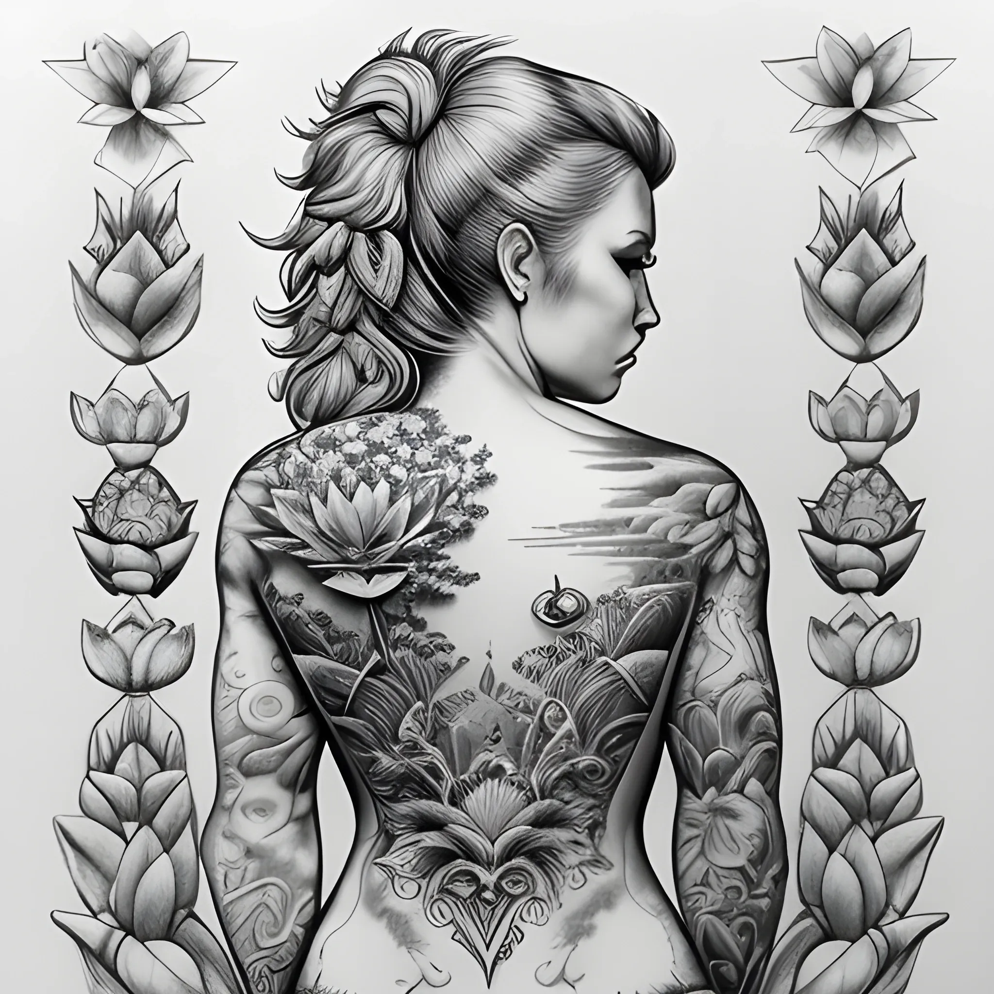 Full back woman tattoo with a lioness, stars, water lily, coi fish, flowers, Pencil Sketch