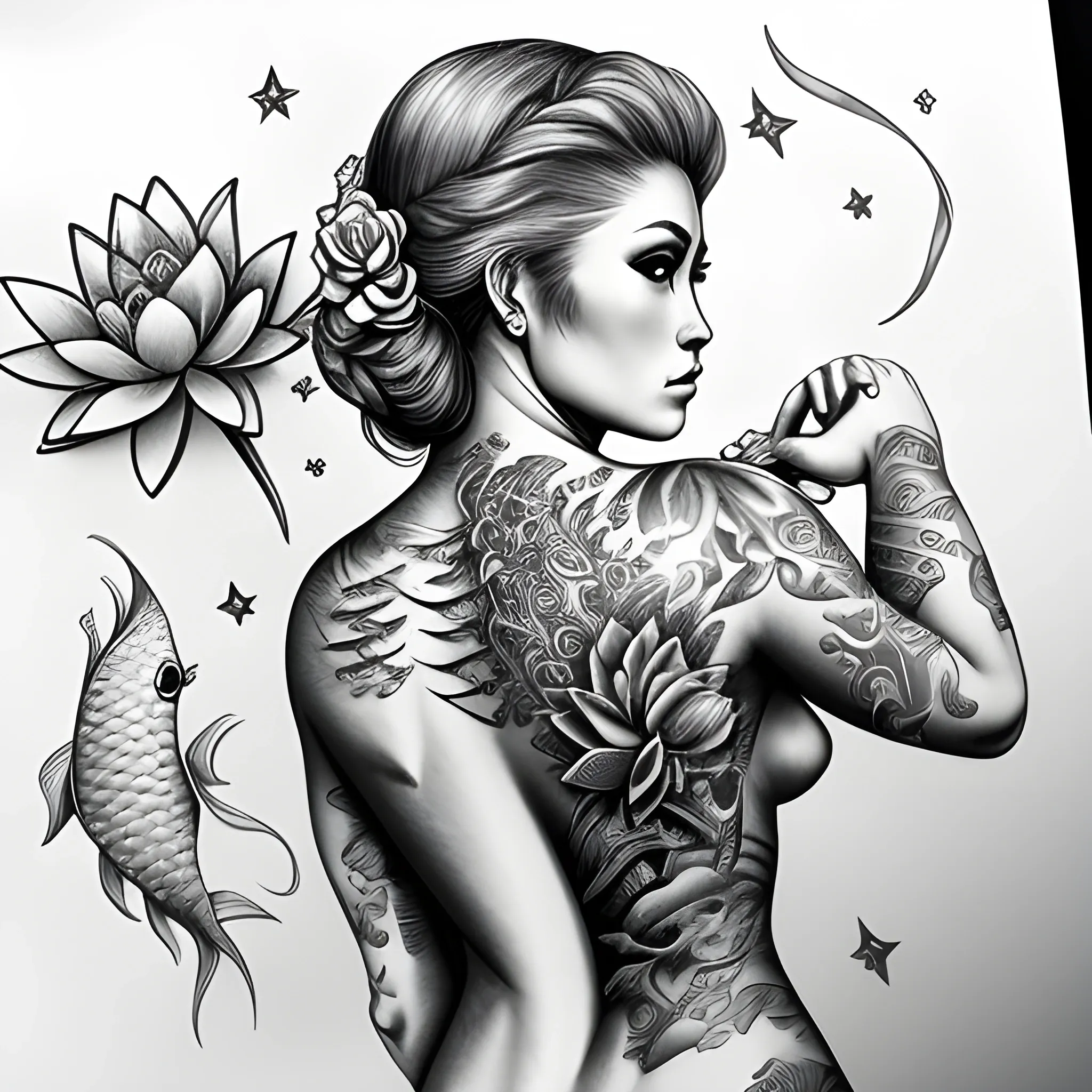 Full back woman tattoo with a lioness, stars, water lily, coi fish, flowers, pisces, Pencil Sketch