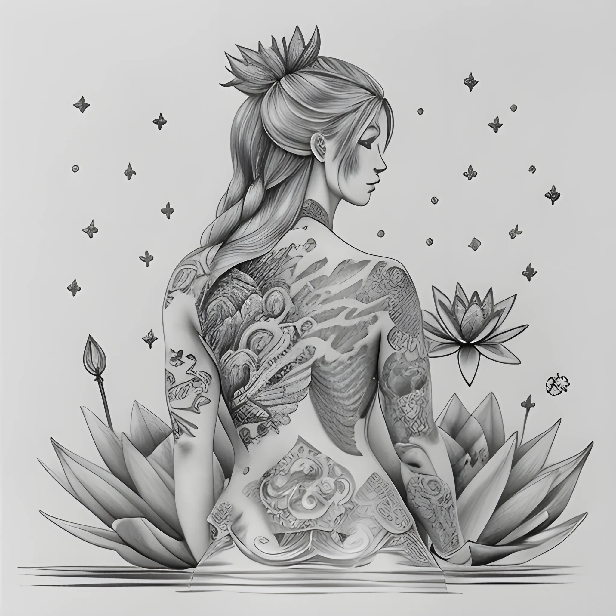 Full back woman tattoo with a lioness, stars, water lily, coi fish, flowers, pisces, japanese fox Pencil Sketch