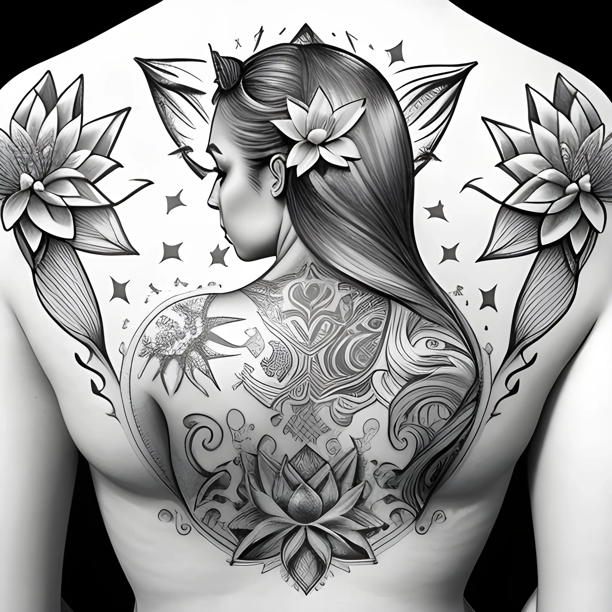 Full back woman tattoo with a lioness, stars, water lily, pisces fish, flowers, seven tail fox, arabic simbology,  Pencil Sketch