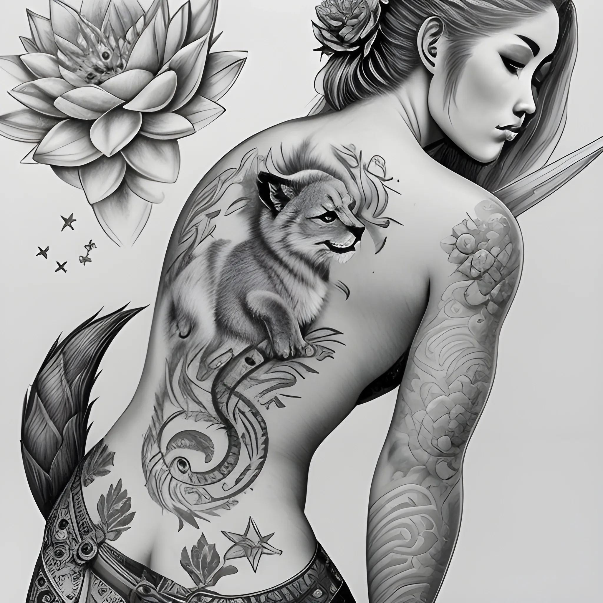 Full back woman tattoo with a lioness, stars, water lily, Pisces the Fishes, flowers, seven tail fox, Japanese symbology,  Pencil Sketch