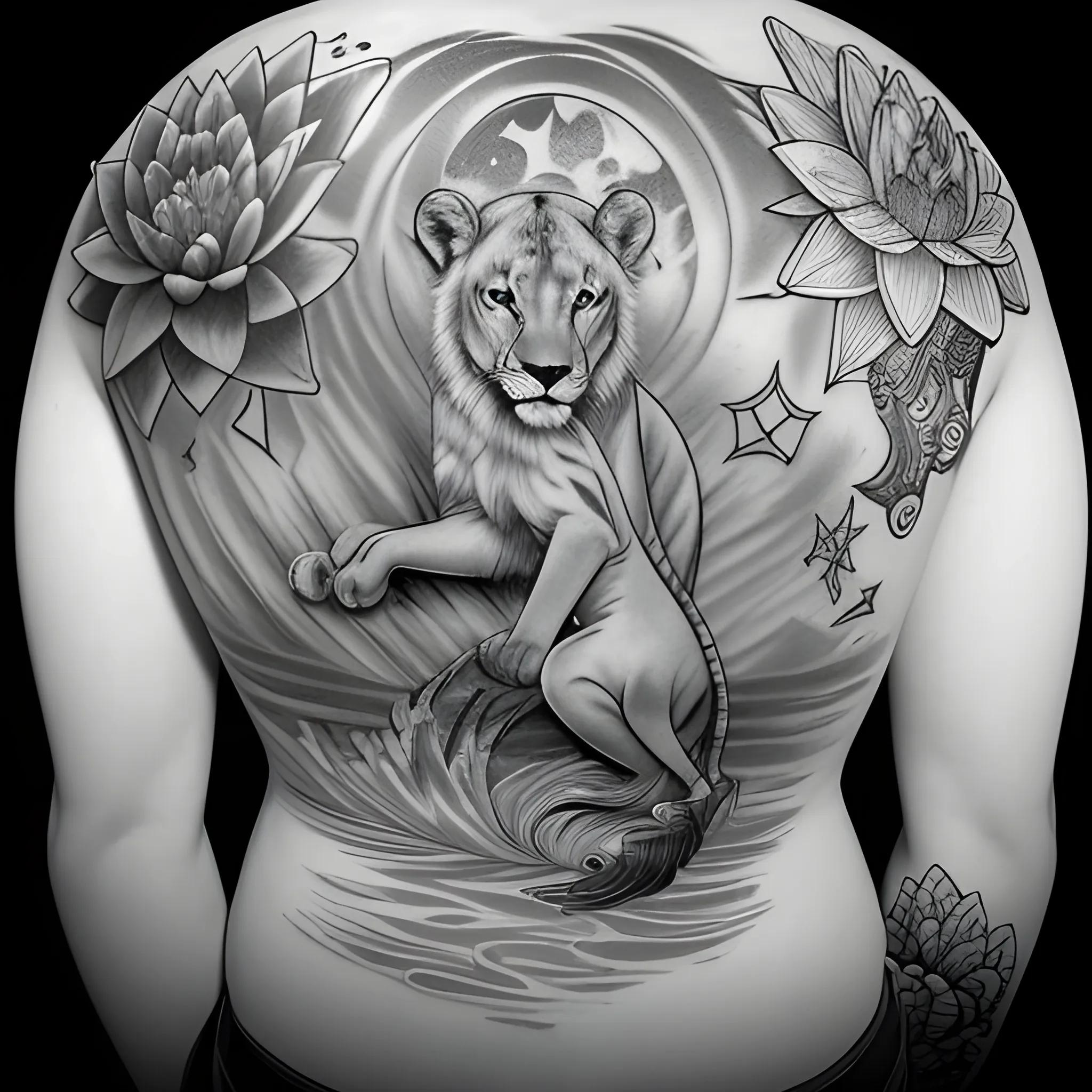 Full back scketch tattoo with a lioness, stars, water lily, Pisces the Fishes, flowers, wolf, Japanese symbology,  Pencil Sketch