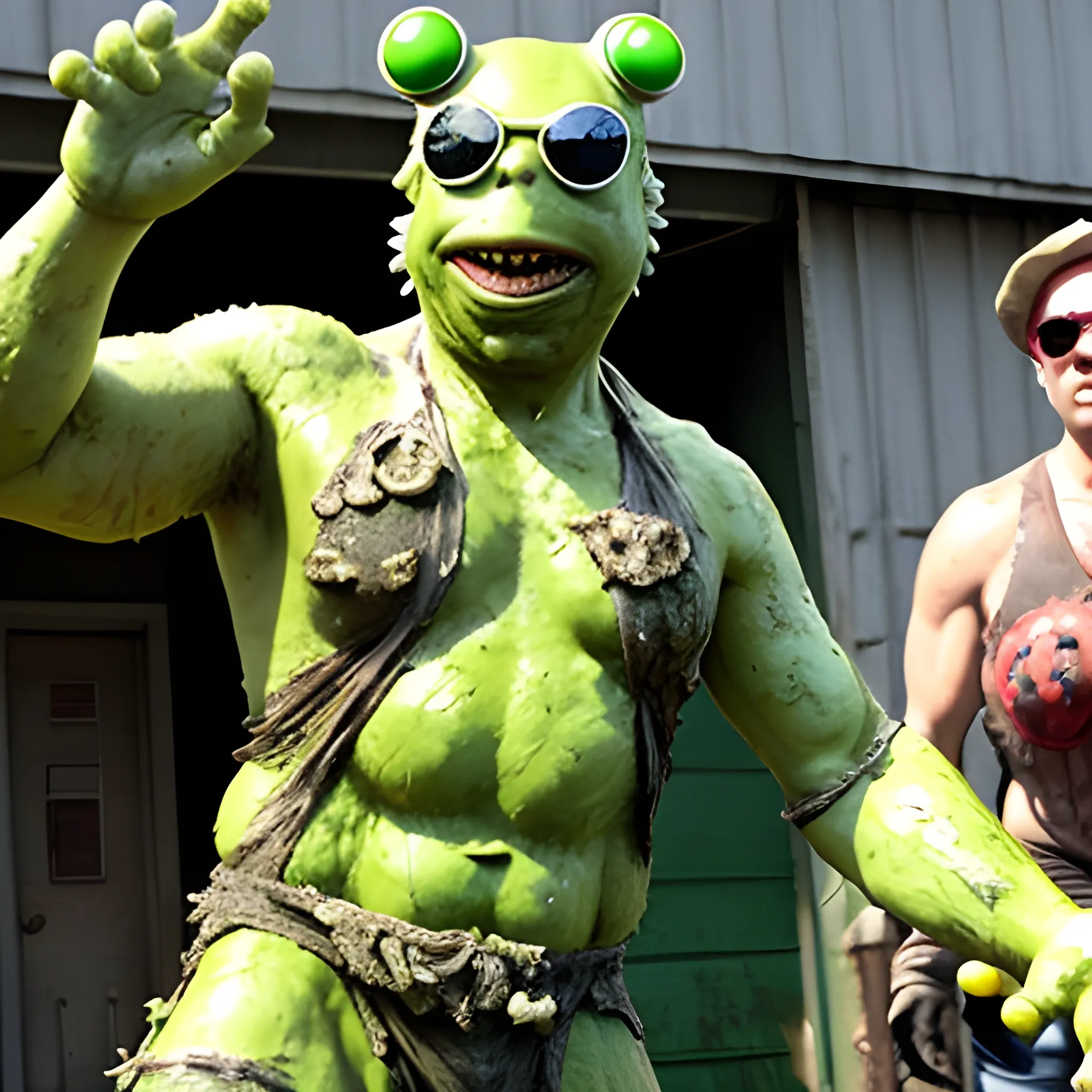 toxic avenger full body with a frog's head that's wearing sunglasses