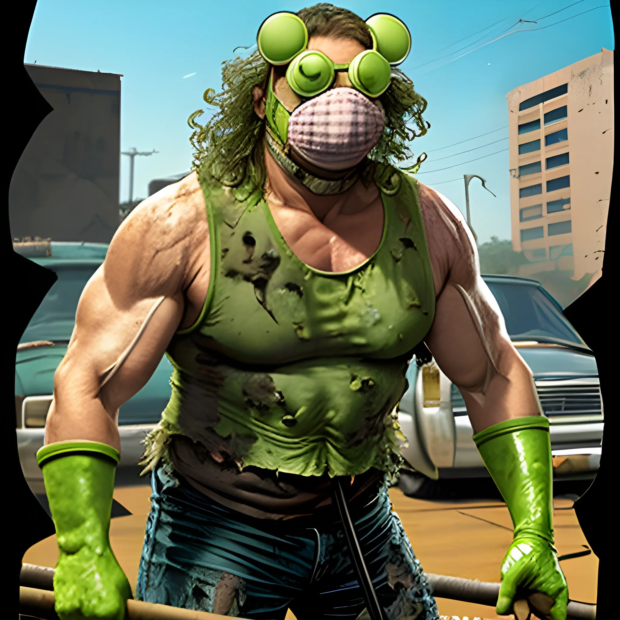 toxic avenger wearing torn-up sleeveless shirt, with a realistic frog's head that's wearing blocker shades and holding a mop and wearing boots