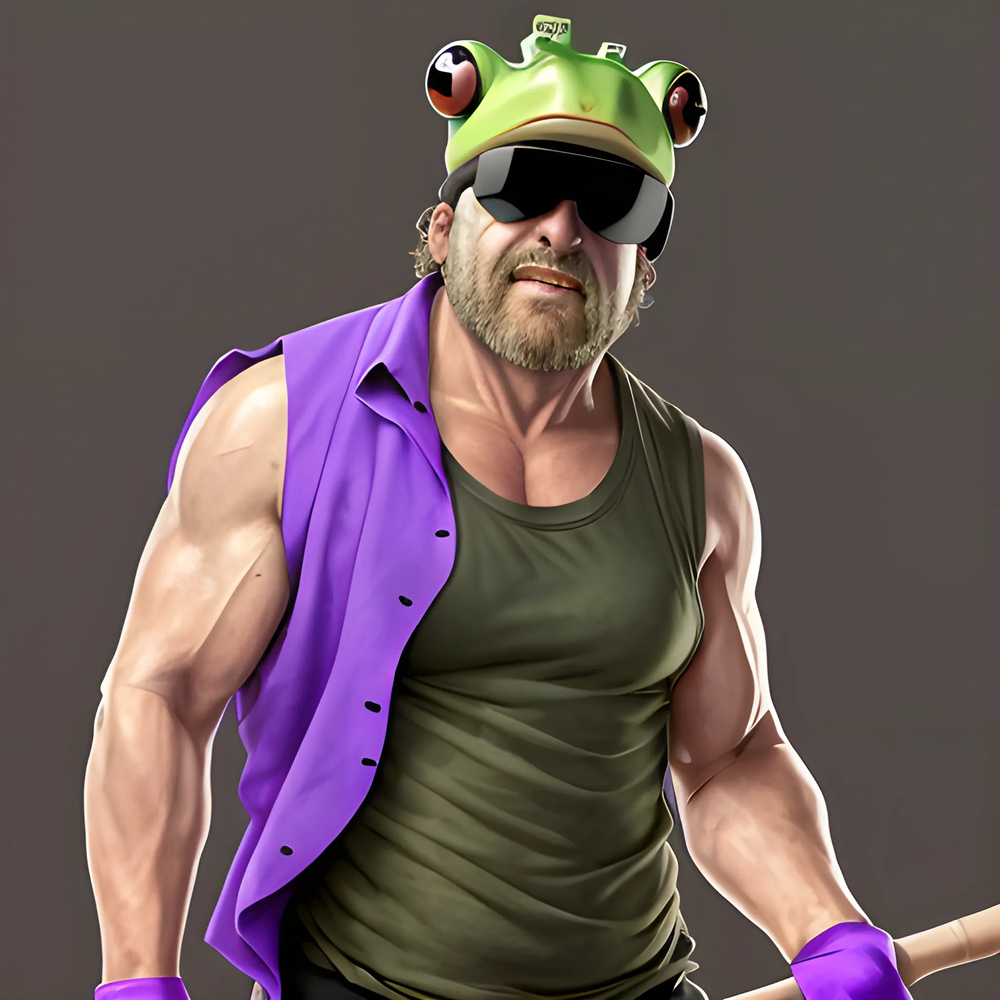 a wide shot, full length image of a man wearing a torn-up sleeveless purple shirt, who has a frog's head for a head, that's also wearing blocker sunglasses and holding a mop with both hands, all in the style of hyper realism.