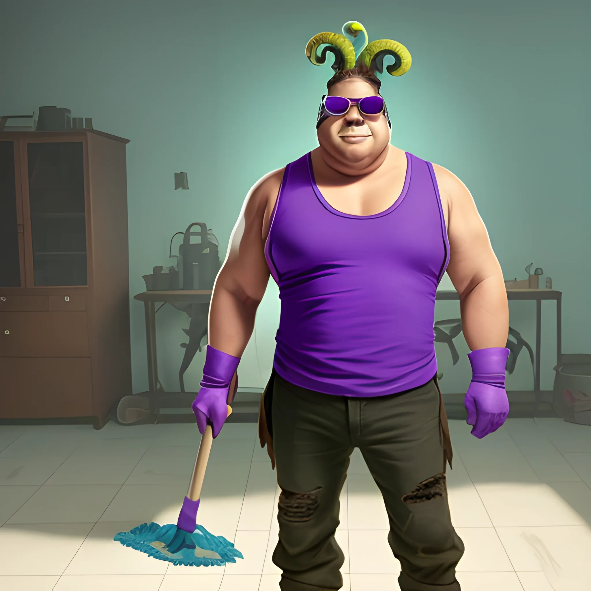 a wide shot, full body image of a man wearing a torn-up sleeveless purple shirt, who has a frog's head for a head, that's also wearing blocker sunglasses and holding a mop with both hands, all in the style of real life.