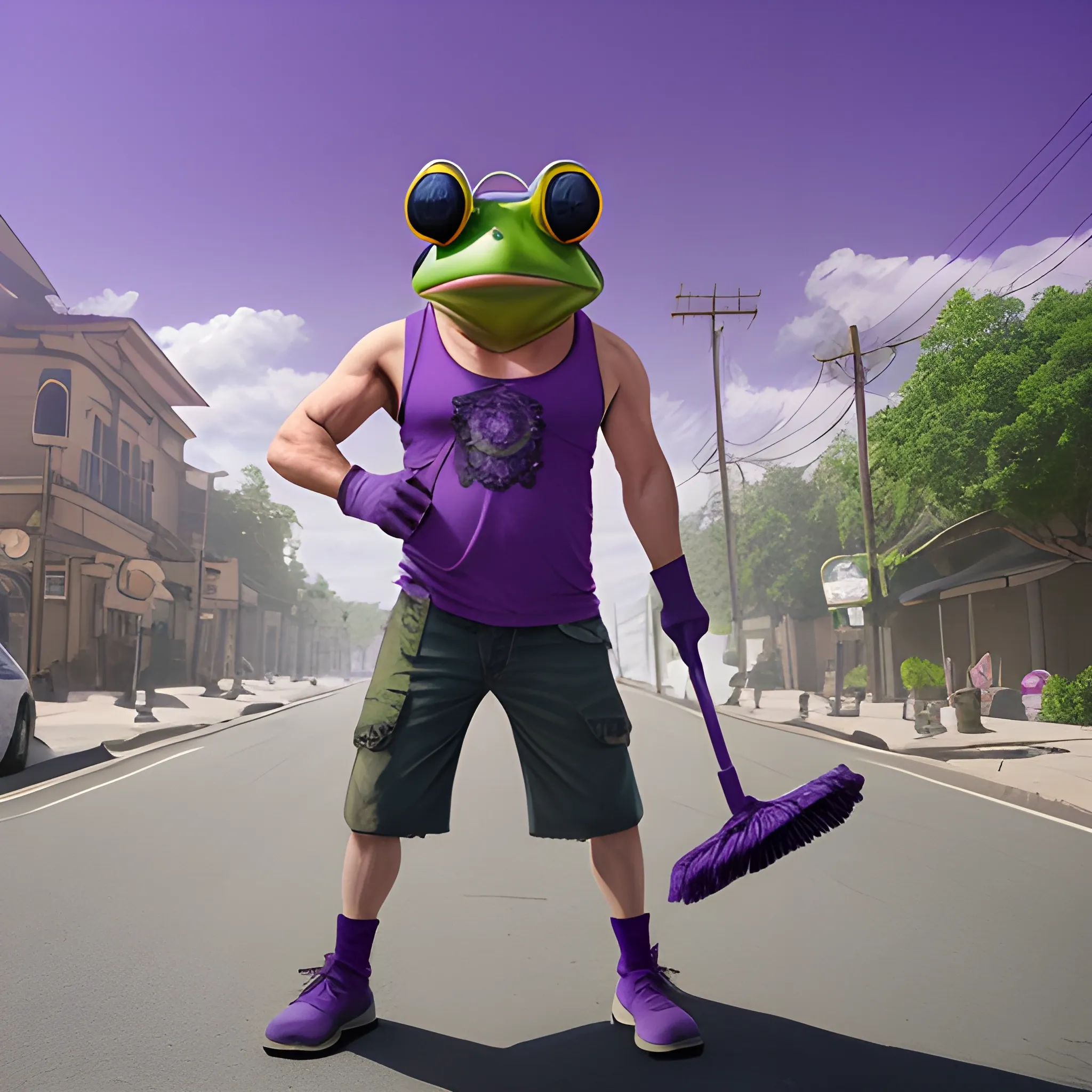 a wide shot, full body image of a man with a frog's head wearing a torn-up sleeveless purple shirt, that's also wearing blocker sunglasses and holding a mop with both hands, all in the style of real life.