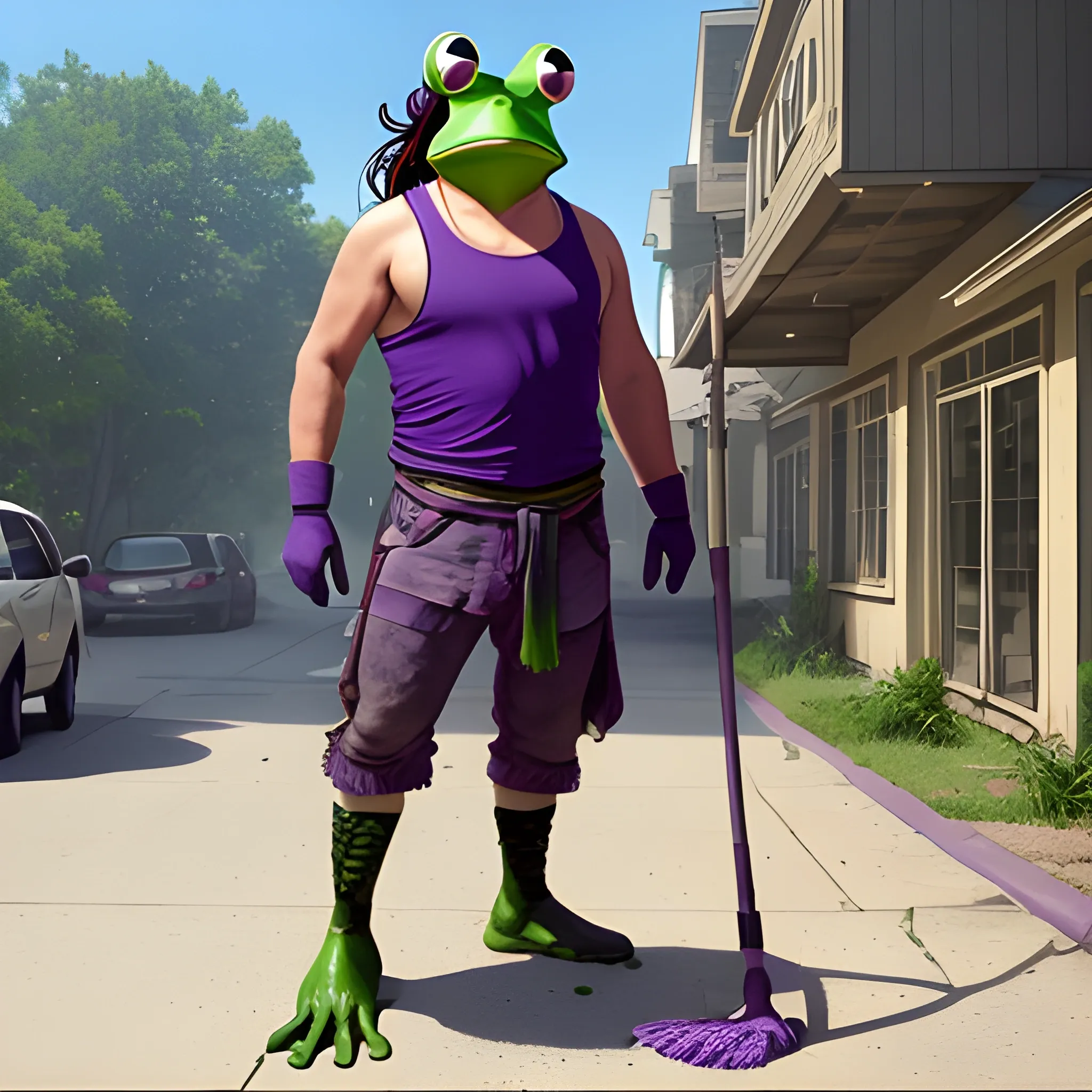 a wide shot, full body image of a man with a frog's head wearing a torn-up sleeveless purple shirt, that's also wearing blocker sunglasses and holding a mop with both hands, all in the style of real life.