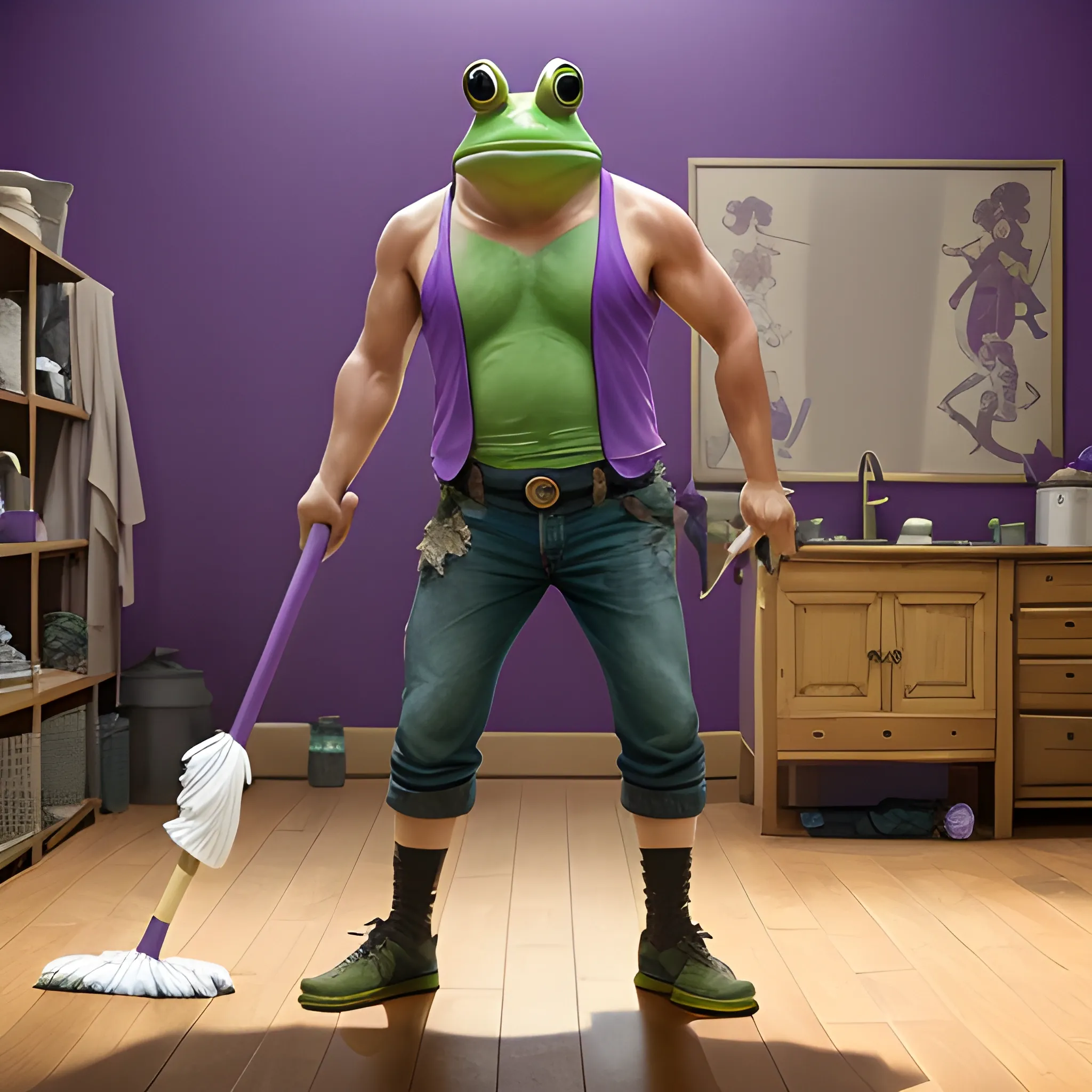 a wide shot, full body image of a man with a frog's head wearing a torn-up sleeveless purple shirt, and holding a mop with both his hands, all in the style of live action.