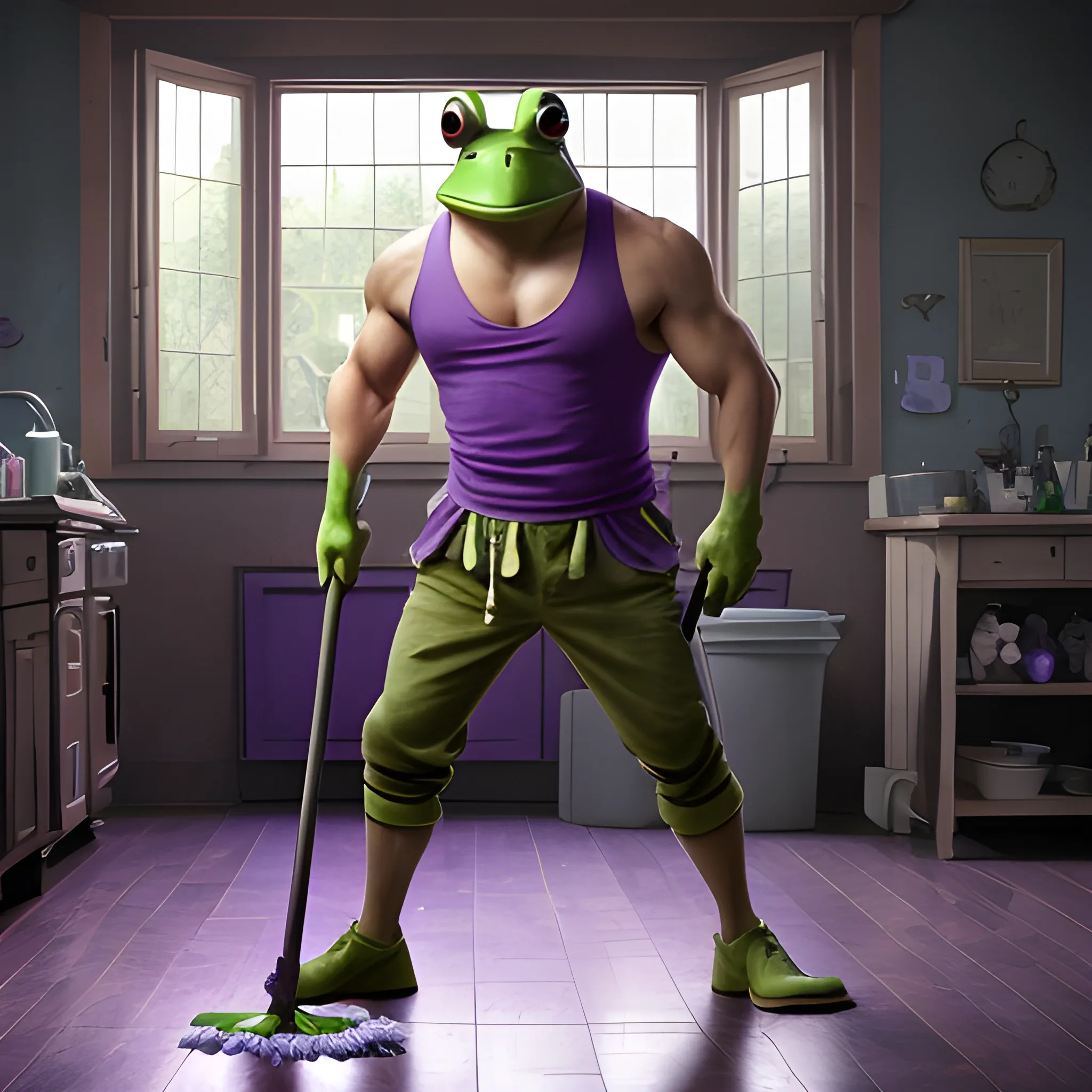 a wide shot, full body image of a man with a frog's head wearing a torn-up sleeveless purple shirt, and holding a mop with both his hands, all in the style of live action.