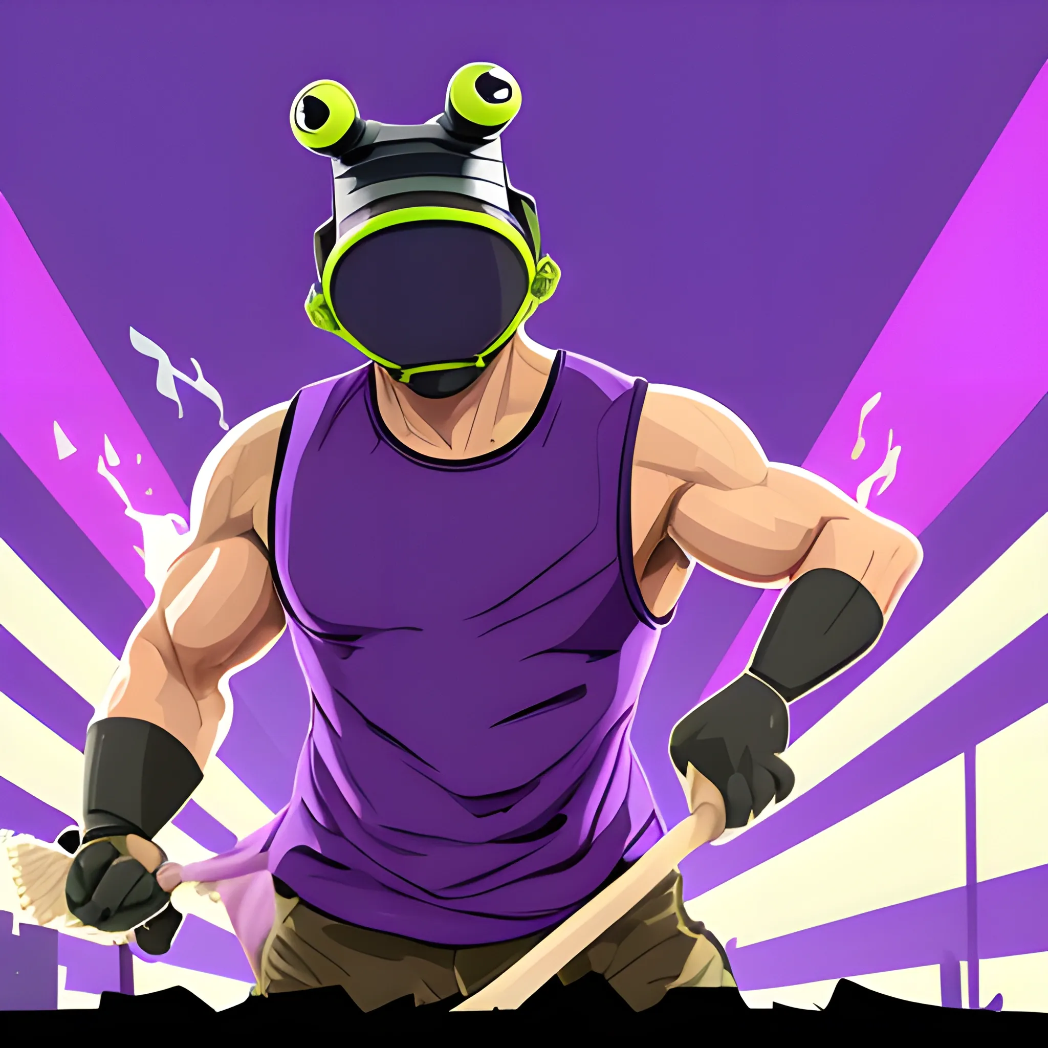 a wide shot, full body image of a man with a frog's head wearing blocker sunglasses over its eyes and is wearing a torn-up sleeveless purple shirt, and holding a mop with both his hands, all in the style of live action.