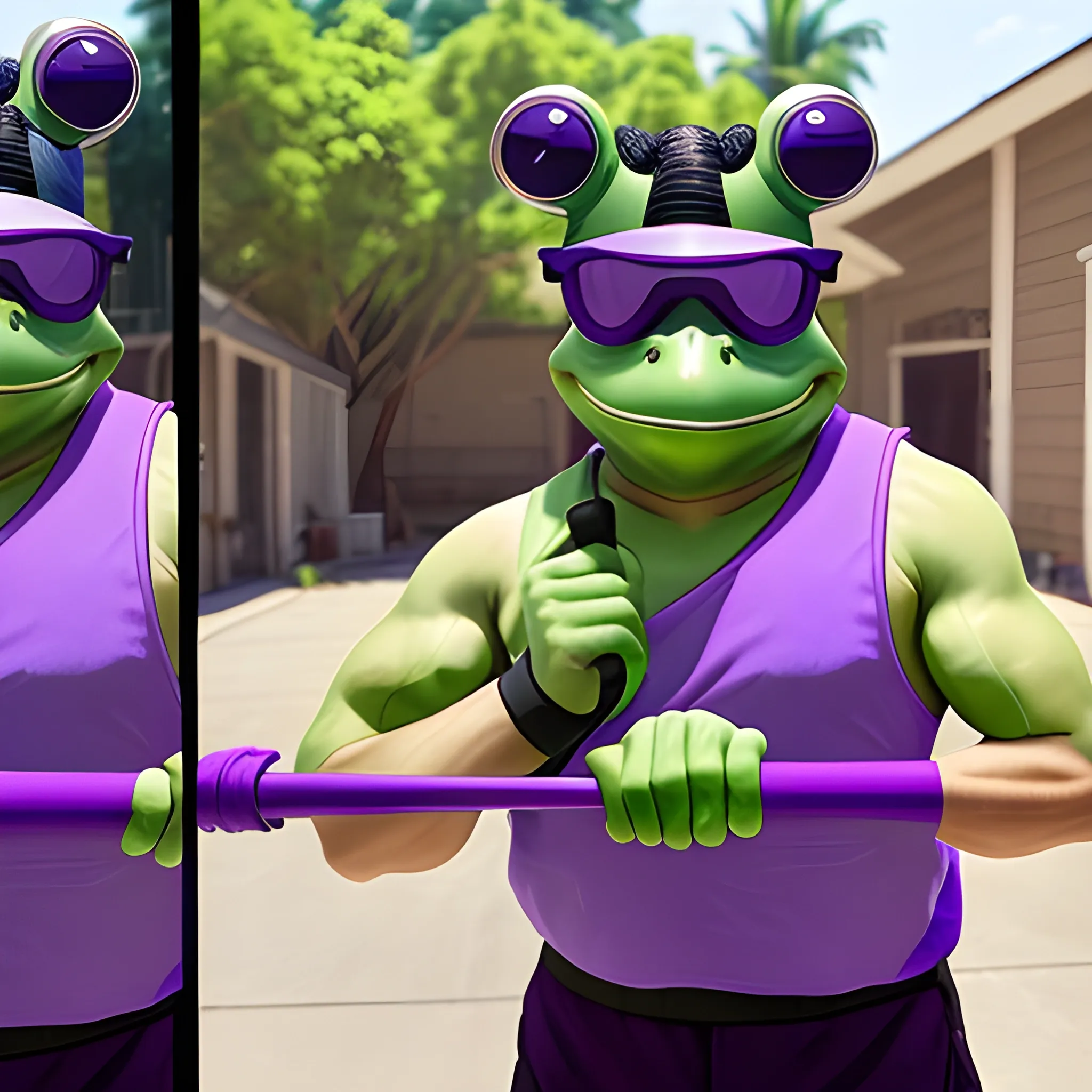 a wide shot, full body image of a man with a frog's head wearing blocker sunglasses over its eyes and is wearing a torn-up sleeveless purple shirt, and holding a mop with both his hands, all in the style of live action.