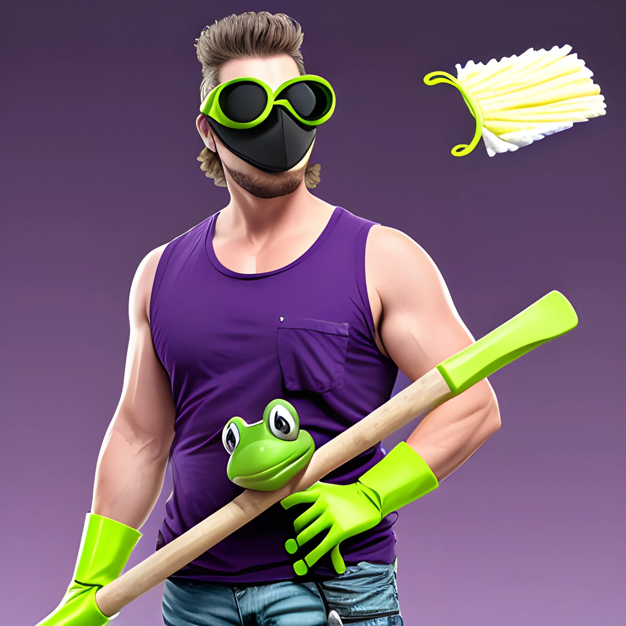 a wide shot, full body image of a man with a frog's head wearing blocker sunglasses and is also wearing a torn-up sleeveless purple shirt while holding a mop with both his hands, all in the style of live action.